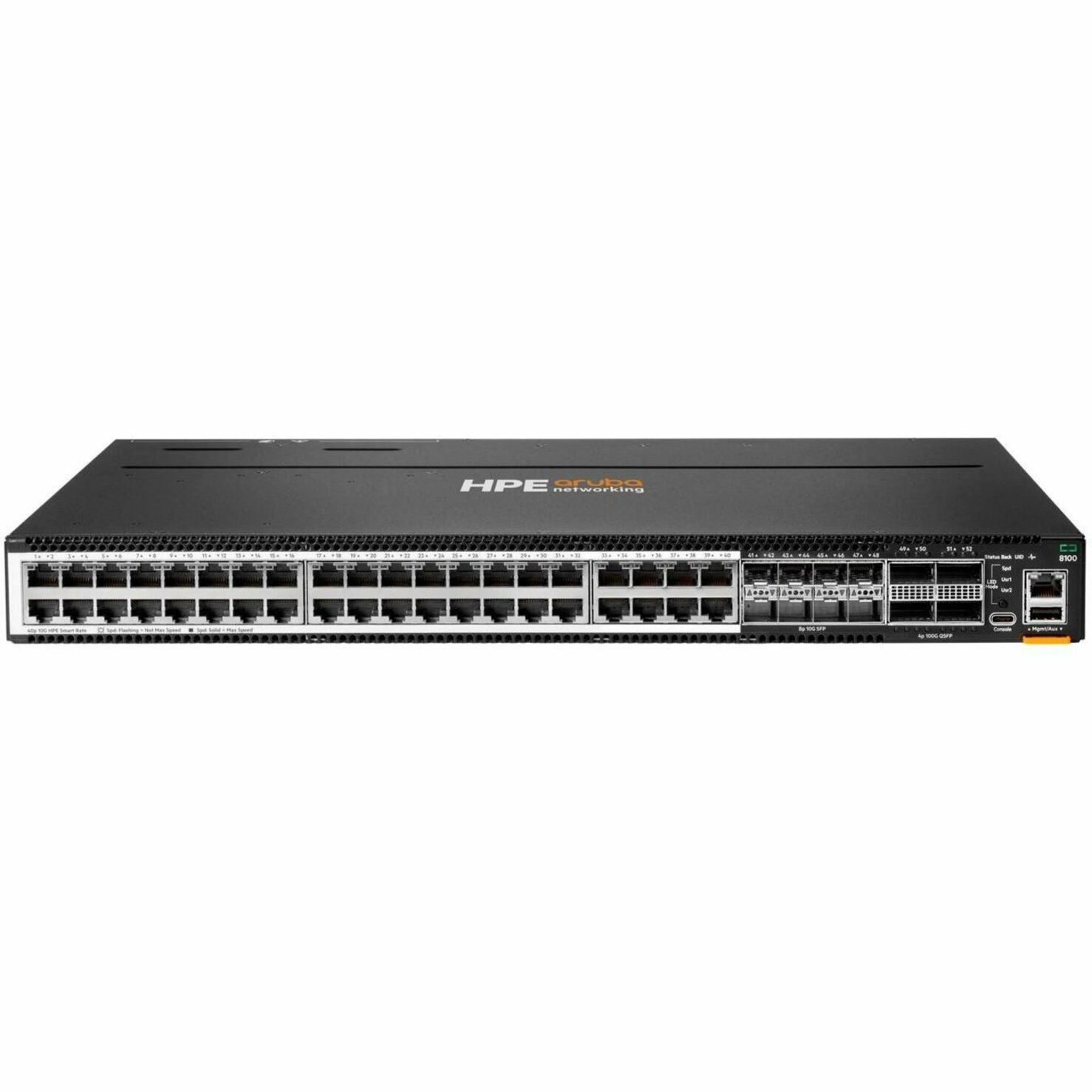 Aruba CX 8100 Ethernet Switch - 40 Ports - Manageable - Gigabit Ethernet, 2.5 Gigabit Ethernet, 5 Gigabit Ethernet, 10 Gigabit Ethernet, 40 Gigabit Ethernet, 100 Gigabit Ethernet - 10GBase-X, 100GBase-X, 10GBase-T, 5GBase-T, 2.5GBase-T, 40GBase-X - 3 Layer Supported - 4 SFP Slots - 500 W Power Consumption - Optical Fiber - Black - 1U - Rack-mountable - Lifetime Limited Warranty