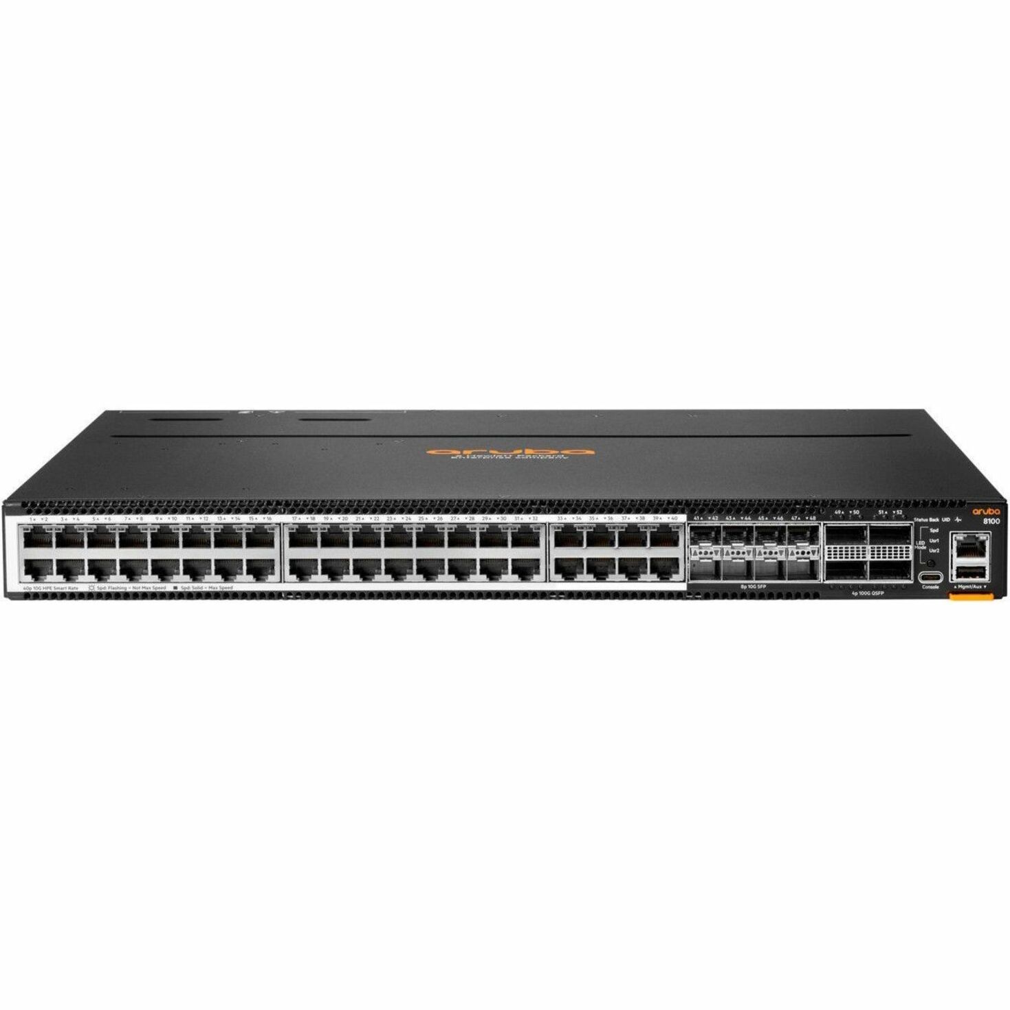 Aruba CX 8100 40XT8XF4C Ethernet Switch - 52 Ports - Manageable - 10 Gigabit Ethernet, 100 Gigabit Ethernet, Gigabit Ethernet, 2.5 Gigabit Ethernet, 5 Gigabit Ethernet - 10GBase-X, 100GBase-X, 10GBase-T, 10Base-T, 5GBase-T, 40GBase-X, 2.5GBase-T - 2 Layer Supported - Modular - 500 W Power Consumption - Optical Fiber, Twisted Pair - 1U - Surface Mount, Cabinet Mount, Rack-mountable, Compact - Lifetime Limited Warranty
