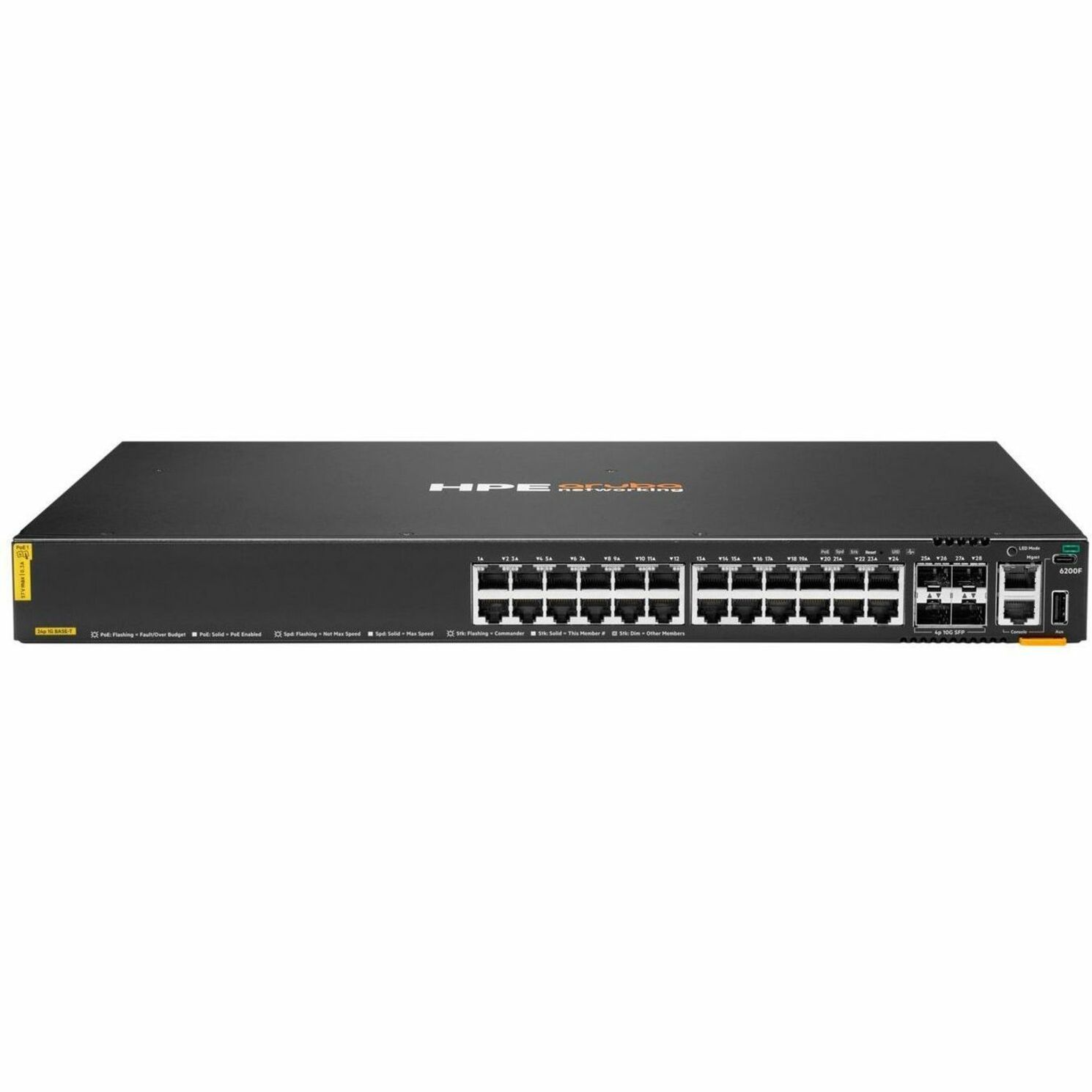 Aruba CX 6200F 24G Class 4 PoE 4SFP+ 370W Switch - 24 Ports - Manageable - Gigabit Ethernet, 10 Gigabit Ethernet - 10/100/1000Base-T, 10GBase-X - 3 Layer Supported - 65 W Power Consumption - 370 W PoE Budget - Twisted Pair, Optical Fiber - PoE Ports - 1U - Cabinet Mount, Rack-mountable, Surface Mount