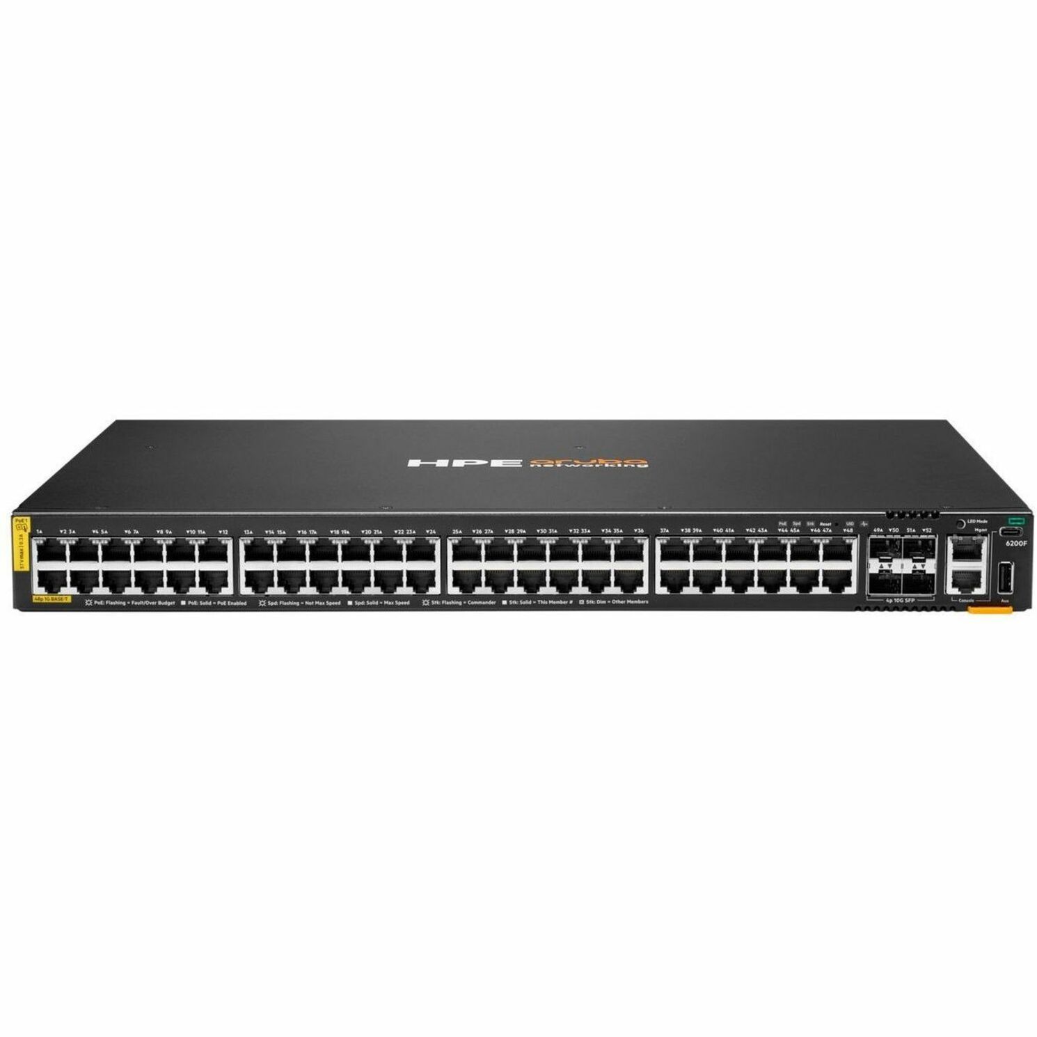 Aruba CX 6200 Ethernet Switch - 48 Ports - Manageable - Gigabit Ethernet, 10 Gigabit Ethernet - 10/100/1000Base-T, 10GBase-X, 1000Base-X - Modular - 76 W Power Consumption - 370 W PoE Budget - Twisted Pair, Optical Fiber - PoE Ports - 1U - Rack-mountable