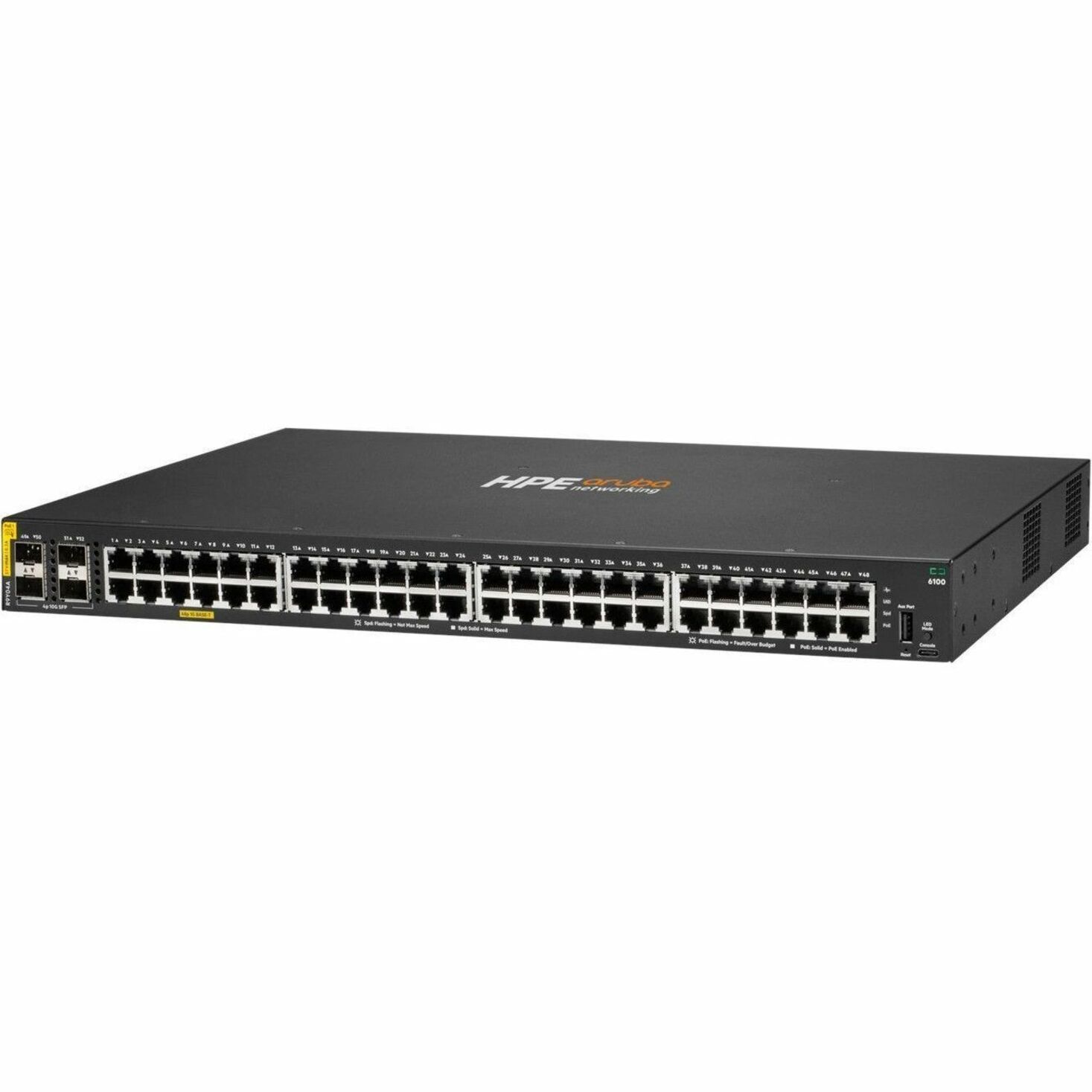 Aruba CX 6100 Ethernet Switch - 48 Ports - Manageable - Gigabit Ethernet, 10 Gigabit Ethernet - 10/100/1000Base-T, 10GBase-X - 2 Layer Supported - Modular - 49.70 W Power Consumption - 740 W PoE Budget - Twisted Pair, Optical Fiber - PoE Ports - Gray - 1U - Rack-mountable, Compact, Wall Mountable