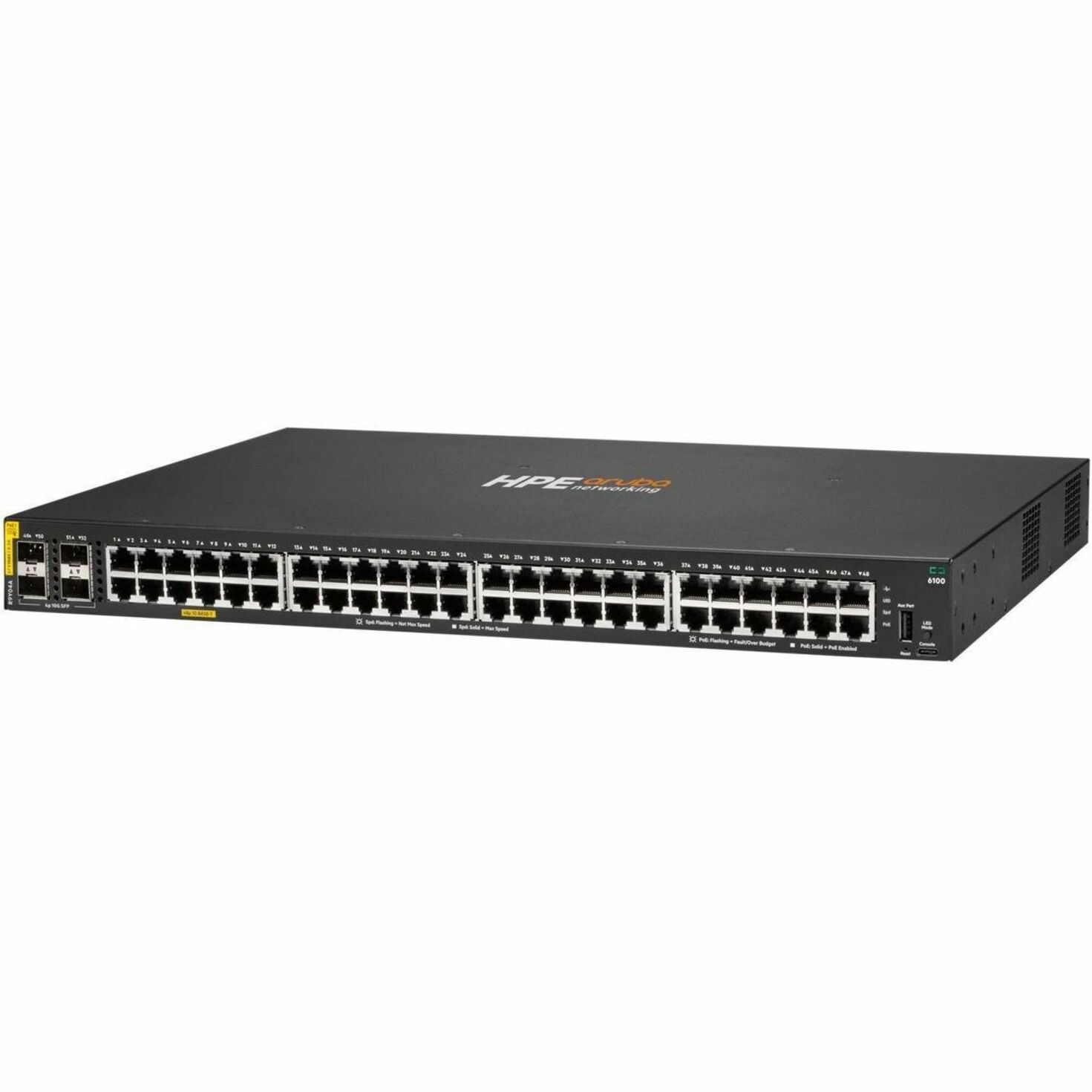 Aruba CX 6100 Ethernet Switch - 48 Ports - Manageable - Gigabit Ethernet, 10 Gigabit Ethernet - 10/100/1000Base-T, 10GBase-X - 2 Layer Supported - Modular - 890 W Power Consumption - 740 W PoE Budget - Twisted Pair, Optical Fiber - PoE Ports - Gray - 1U - Rack-mountable, Compact, Wall Mountable