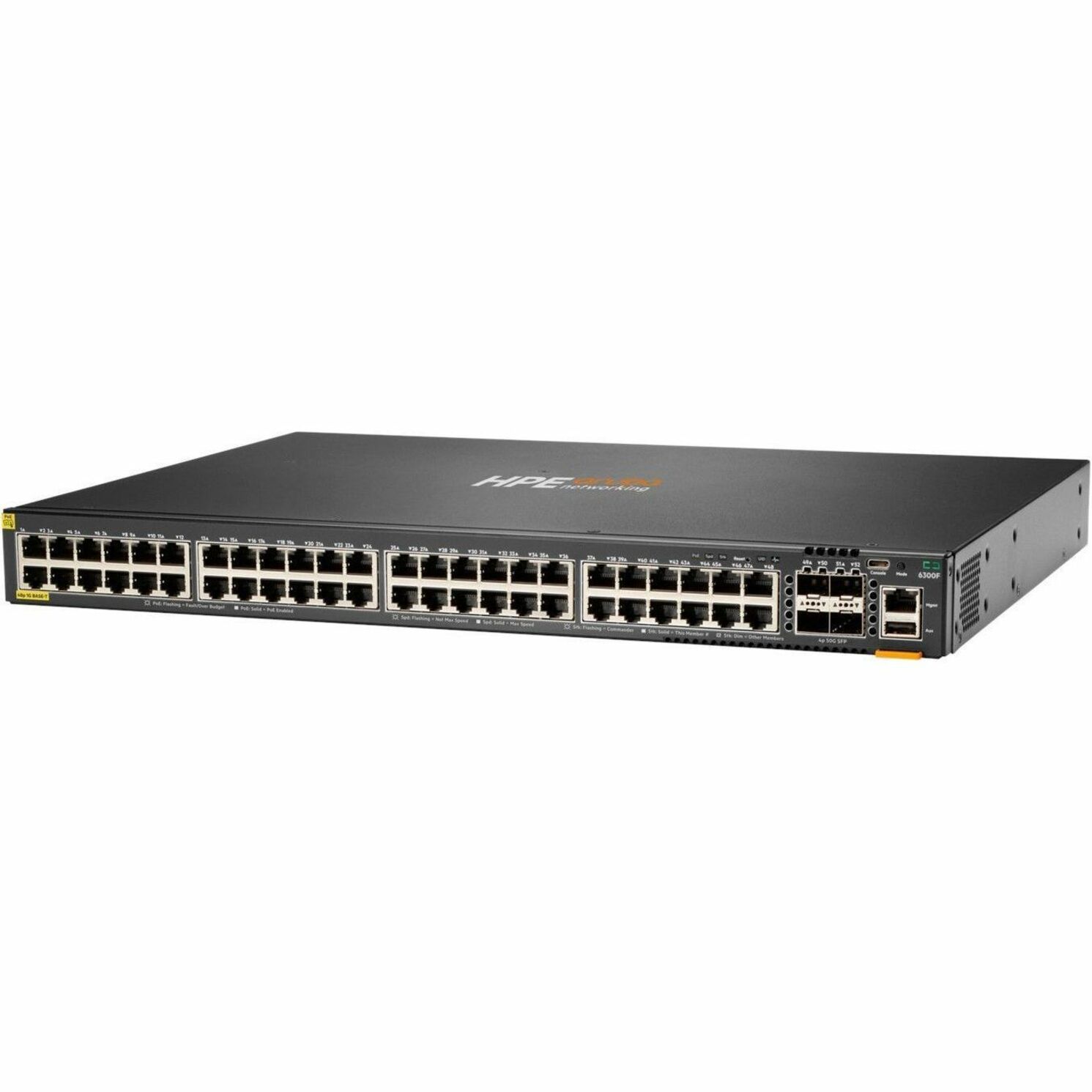 Aruba CX 6300F 48-port 1GbE Class 4 PoE and 4-port SFP56 Switch - 48 Ports - Manageable - Gigabit Ethernet, 10 Gigabit Ethernet, 25 Gigabit Ethernet, 50 Gigabit Ethernet - 10/100/1000Base-T, 10GBase-X, 25GBase-X, 50GBase-X - 3 Layer Supported - 4 SFP Slots - 86 W Power Consumption - 740 W PoE Budget - Twisted Pair, Optical Fiber - PoE Ports - Rack-mountable
