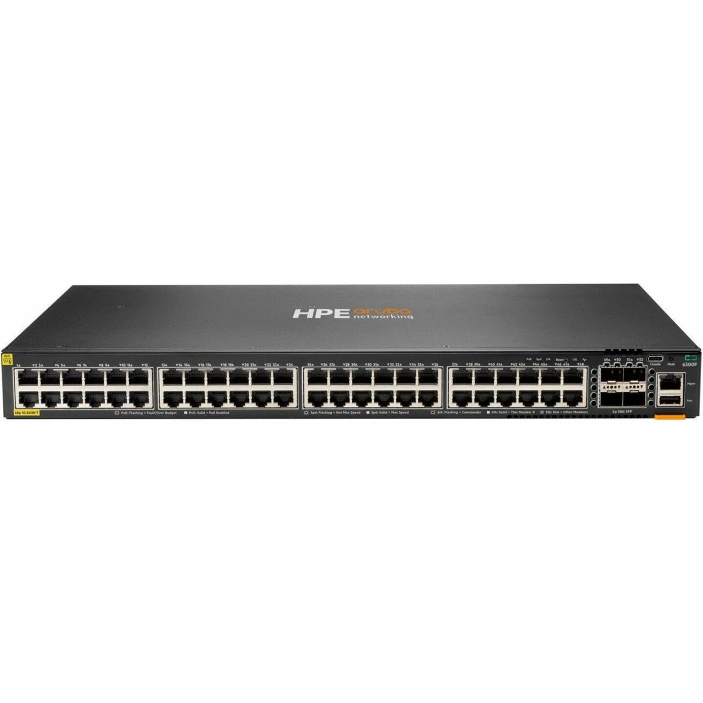 Aruba Networking 6300F 48p 10M/100M/1G Class4 PoE 4p SFP56 50G TAA Switch - 48 Ports - Manageable - Gigabit Ethernet, 50 Gigabit Ethernet - 10/100/1000Base-T, 50GBase-X - 2 Layer Supported - Modular - Twisted Pair, Optical Fiber - PoE Ports - Rack-mountable - Lifetime Limited Warranty - TAA Compliant
