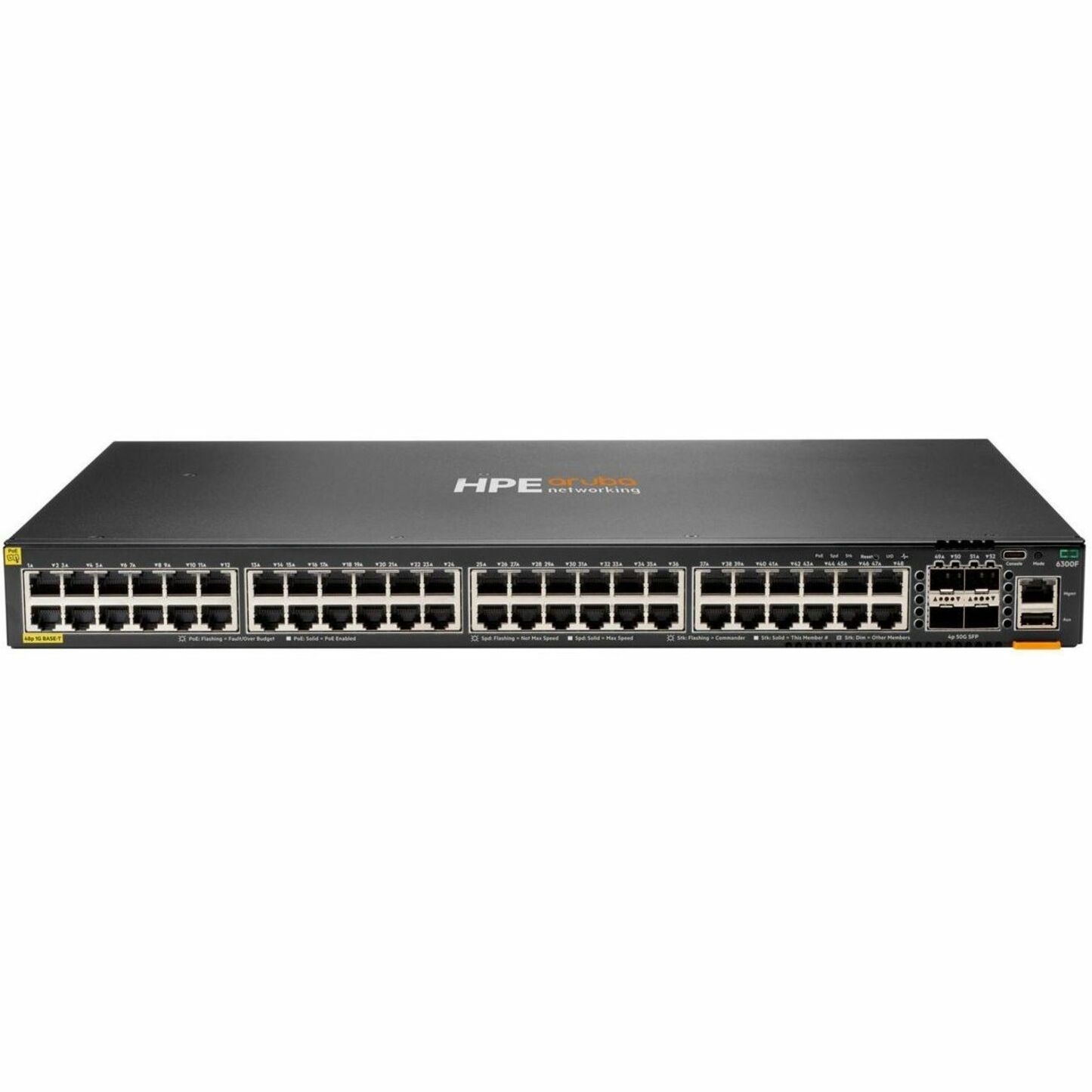 Aruba Networking 6300F 48p 10M/100M/1G Class4 PoE 4p SFP56 50G TAA Switch - 48 Ports - Manageable - Gigabit Ethernet, 50 Gigabit Ethernet - 10/100/1000Base-T, 50GBase-X - 2 Layer Supported - Modular - Twisted Pair, Optical Fiber - PoE Ports - Rack-mountable - TAA Compliant