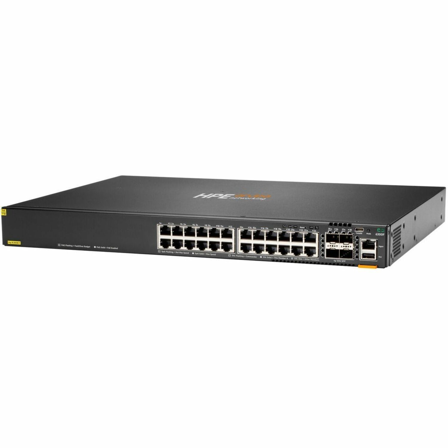 Aruba Networking 6300F 24p 10M/100M/1G Class4 PoE 4p SFP56 50G TAA Switch - 24 Ports - Manageable - Gigabit Ethernet, 50 Gigabit Ethernet - 10/100/1000Base-T, 50GBase-X - 2 Layer Supported - Modular - Twisted Pair, Optical Fiber - PoE Ports - Rack-mountable - TAA Compliant