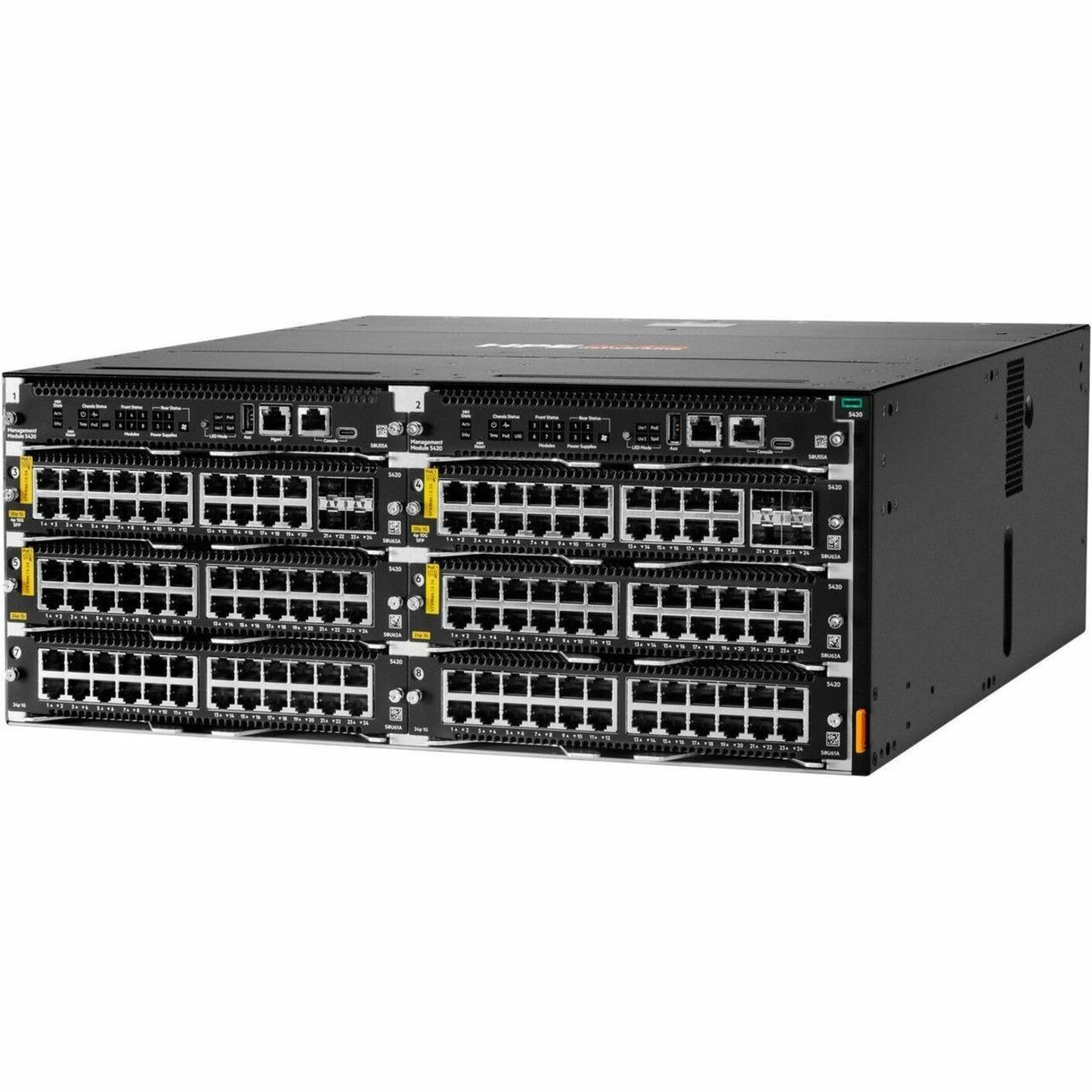 Aruba CX 5420 Switch Chassis - 16 Ports - Manageable - Gigabit Ethernet - 10/100/1000Base-T - 3 Layer Supported - Modular - 1600 W Power Consumption - Twisted Pair, Optical Fiber - PoE Ports - 4U - Rack-mountable - TAA Compliant