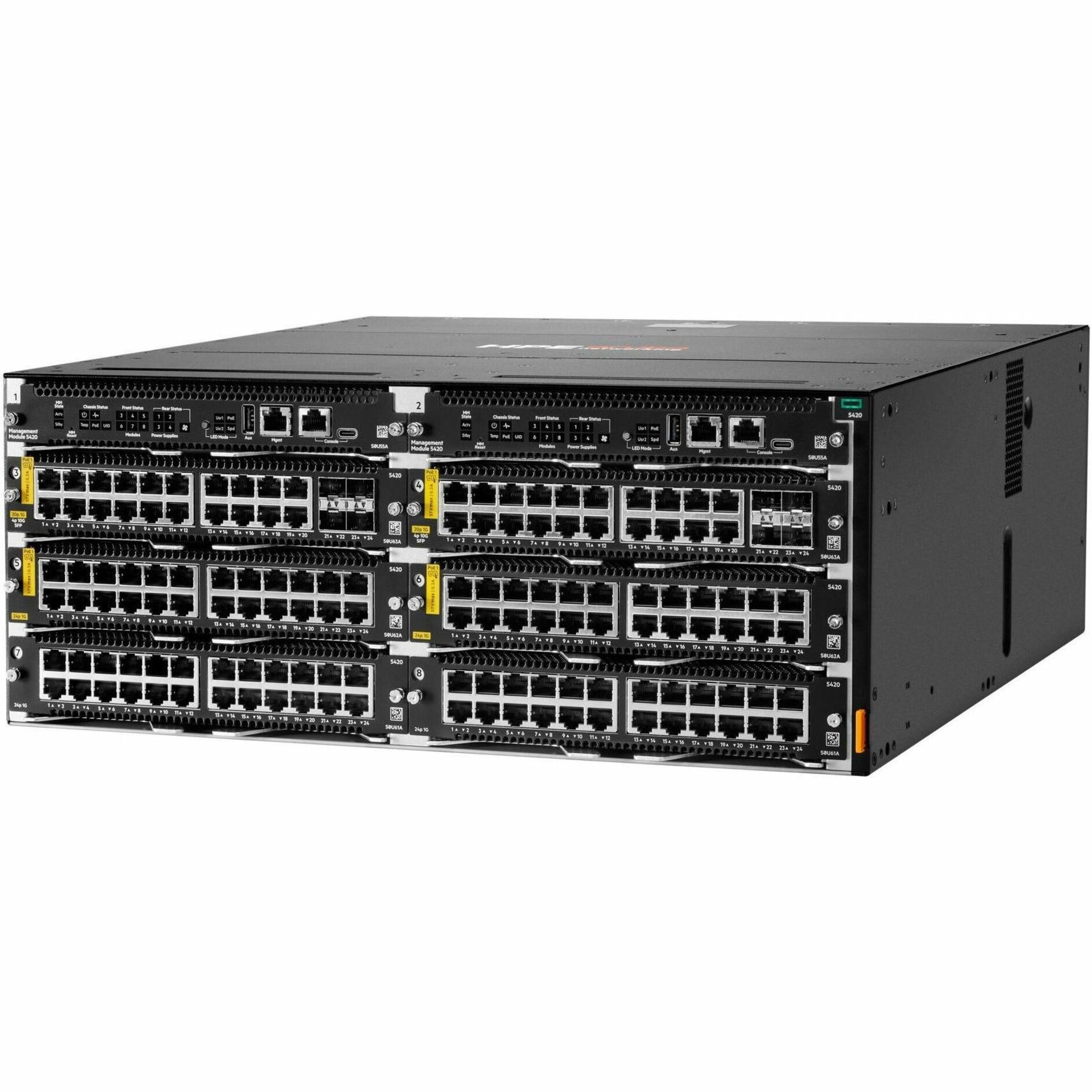 Aruba CX 5420 Switch Chassis - 16 Ports - Manageable - Gigabit Ethernet, 2.5 Gigabit Ethernet, 10 Gigabit Ethernet - 1000Base-T, 2.5GBase-T, 10GBase-T - 3 Layer Supported - Modular - 1600 W Power Consumption - 90 W PoE Budget - Twisted Pair - PoE Ports - 4U - Compact, Rack-mountable