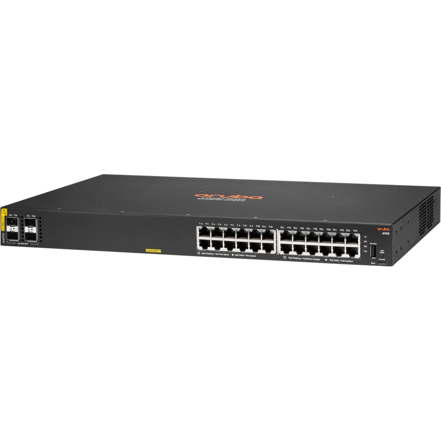 HPE 6100 24G Class4 PoE 4SFP+ 370W Switch - 24 Ports - Gigabit Ethernet, 10 Gigabit Ethernet - 10/100/1000Base-T, 10GBase-X - Refurbished - 3 Layer Supported - Modular - 32.70 W Power Consumption - 370 W PoE Budget - Twisted Pair, Optical Fiber - PoE Ports - 1U - Rack-mountable, Wall Mountable