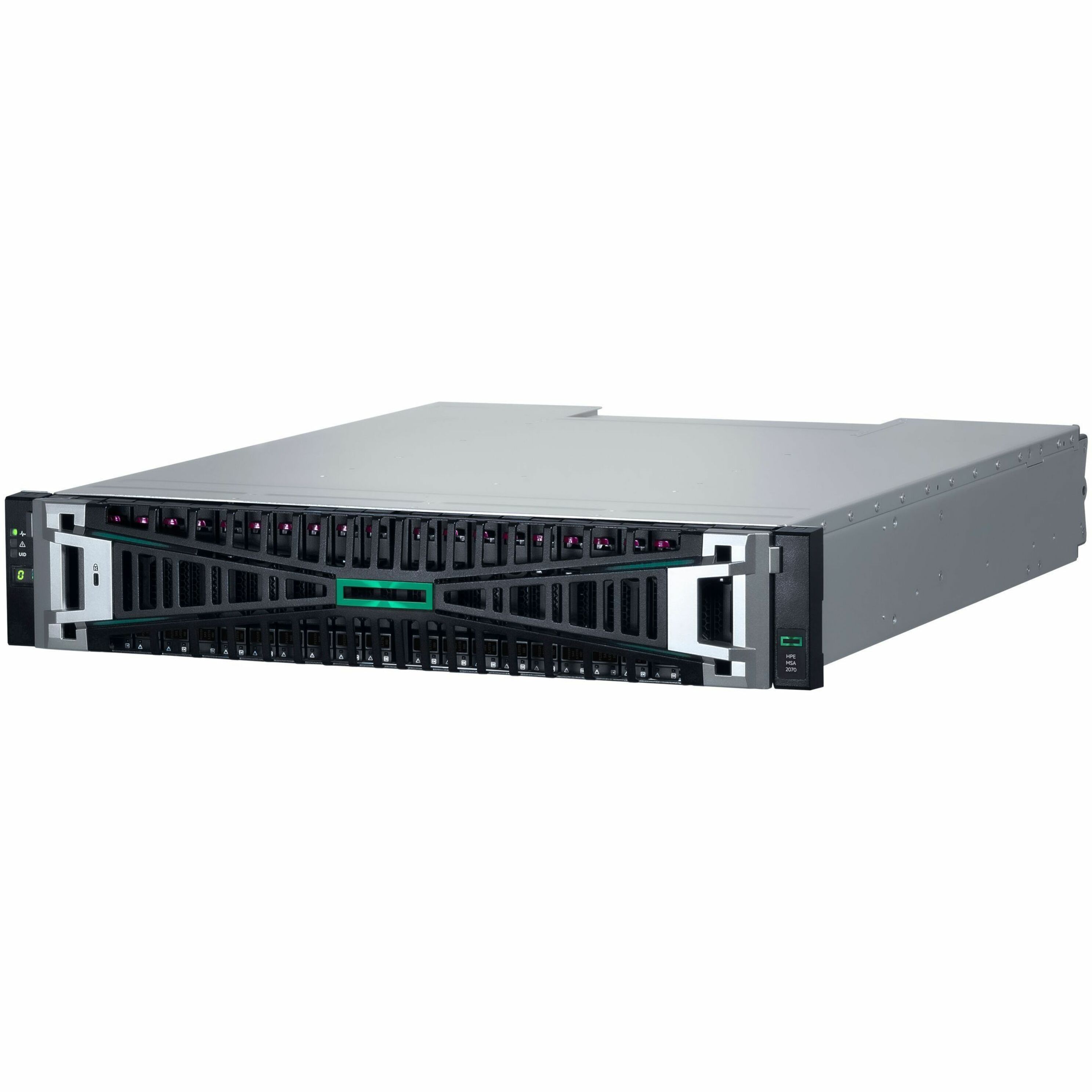 HPE MSA 2070 SAN Storage System - 24 x HDD Supported - 24 x SSD Supported - 12 x SSD Installed - 46.08 TB Total Installed SSD Capacity - Clustering Supported - 2 x 12Gb/s SAS Controller - RAID Supported - 0, 1, 5, 6, 10 RAID Levels - 24 x Total Bays - 24 x 2.5" Bay - Gigabit Ethernet, 10 Gigabit Ethernet, 25 Gigabit Ethernet - Network (RJ-45) - SNMP, SSH, SMTP, FTP, SFTP, HTTP, HTTPS, Telnet, iSCSI, IPv4, IPv6 - 4 iSCSI Ports - 2U - Rack-mountable