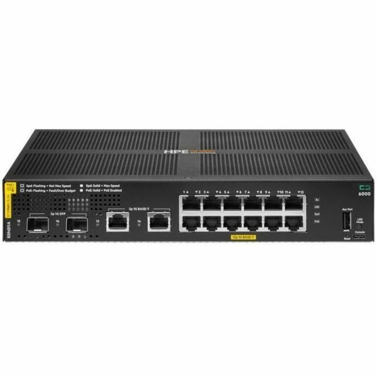 Aruba CX 6000 12G Class4 PoE 2G/2SFP 139W Switch - 14 Ports - Manageable - Gigabit Ethernet - 10/100/1000Base-T, 1000Base-X - 2 Layer Supported - 2 SFP Slots - 170 W Power Consumption - 139 W PoE Budget - Twisted Pair, Optical Fiber - PoE Ports - Compact
