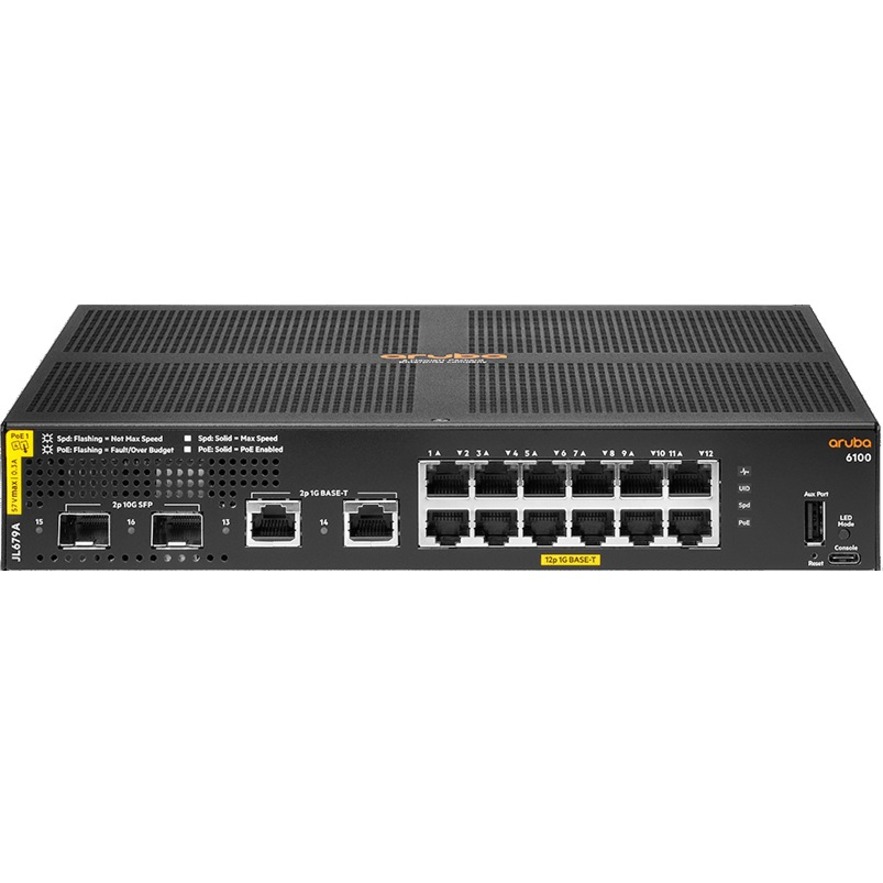 HPE 6100 Ethernet Switch - 12 Ports - Manageable - Gigabit Ethernet, 10 Gigabit Ethernet - 10/100/1000Base-T, 10GBase-X - 2 Layer Supported - Modular - 21.90 W Power Consumption - 139 W PoE Budget - Optical Fiber, Twisted Pair - PoE Ports - 1U - Wall Mountable, Rack-mountable, Surface Mount
