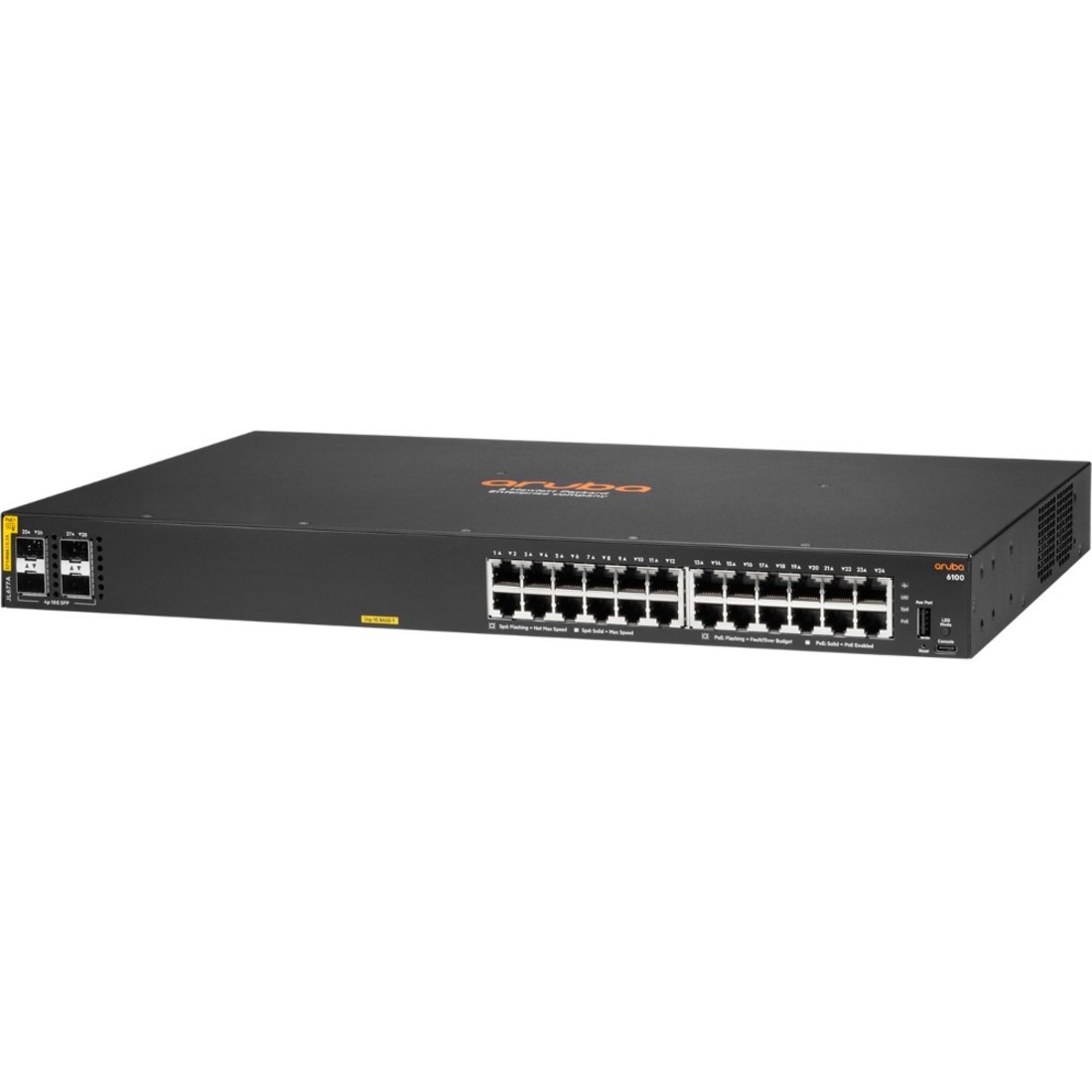 HPE 6100 24G Class4 PoE 4SFP+ 370W Switch - 24 Ports - Manageable - Gigabit Ethernet, 10 Gigabit Ethernet - 10/100/1000Base-T, 10GBase-X - 3 Layer Supported - Modular - 22.90 W Power Consumption - 370 W PoE Budget - Twisted Pair, Optical Fiber - PoE Ports - 1U - Rack-mountable, Wall Mountable