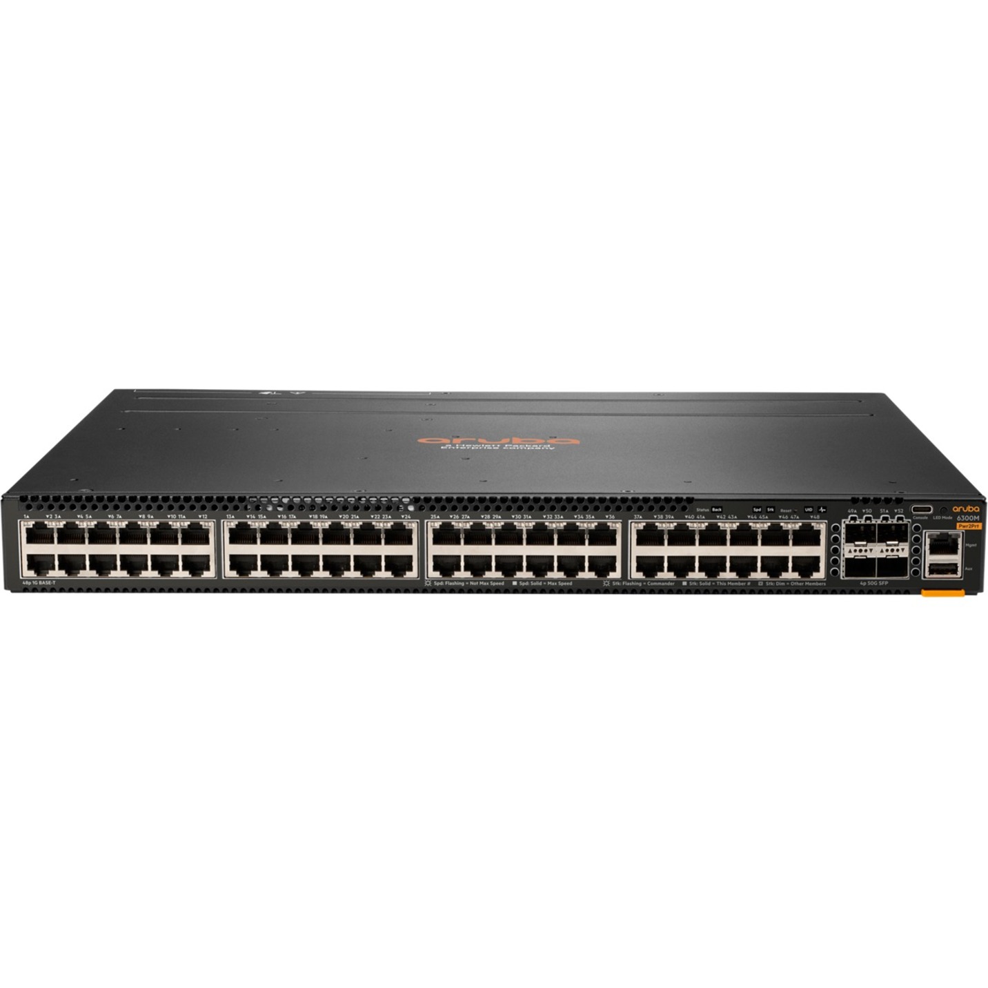 HPE 6300M 48-port 1GbE and 4-port SFP56 Power-to-Port 2 Fan Trays 1 PSU Bundle - 48 Ports - Manageable - Gigabit Ethernet, 50 Gigabit Ethernet - 10/100/1000Base-T, 50GBase-X - 3 Layer Supported - Modular - 56 W Power Consumption - Twisted Pair, Optical Fiber - PoE Ports - 1U - Rack-mountable, Cabinet Mount - TAA Compliant