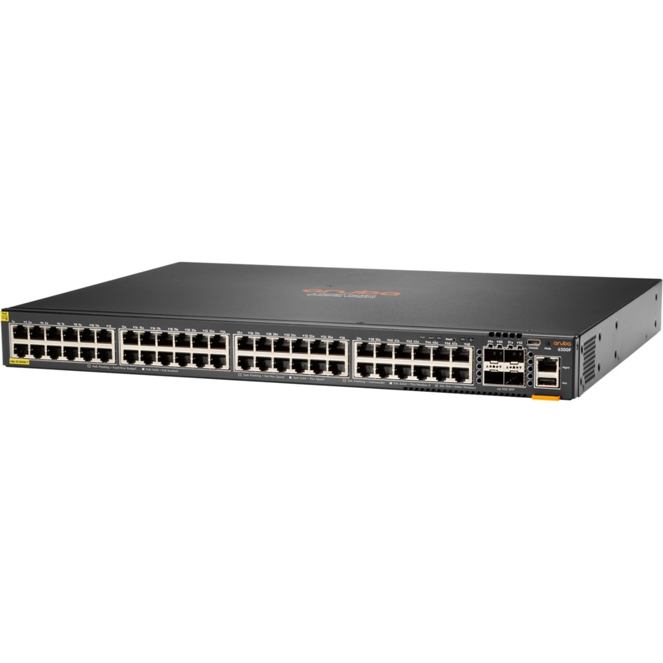HPE 6300F 48-port 1GbE Class 4 PoE and 4-port SFP56 Switch - 48 Ports - Manageable - Gigabit Ethernet, 50 Gigabit Ethernet - 10/100/1000Base-T, 50GBase-X - 3 Layer Supported - Modular - 4 SFP Slots - 86 W Power Consumption - 740 W PoE Budget - Twisted Pair, Optical Fiber - PoE Ports - 1U - Rack-mountable, Cabinet Mount, Surface Mount