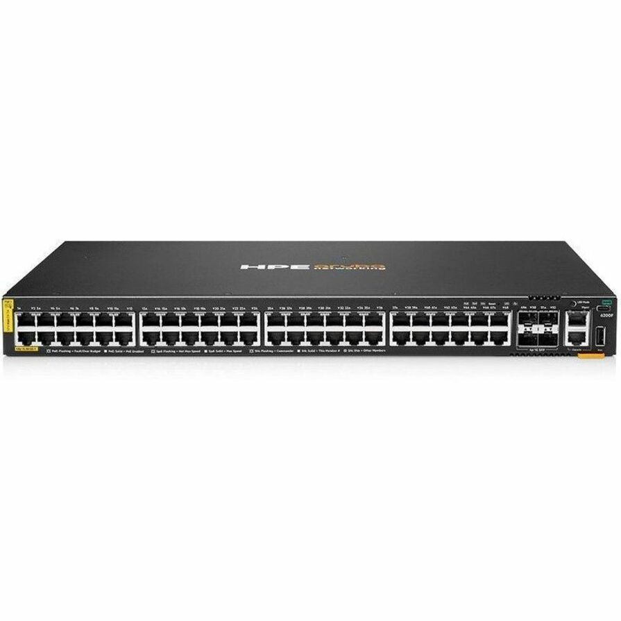 HPE CX 6200F Ethernet Switch - 48 Ports - Manageable - Gigabit Ethernet - 10/100/1000Base-T, 1000Base-X - Refurbished - 3 Layer Supported - Modular - 4 SFP Slots - 44 W Power Consumption - 370 W PoE Budget - Twisted Pair, Optical Fiber - PoE Ports - 1U - Rack-mountable, Cabinet Mount, Surface Mount
