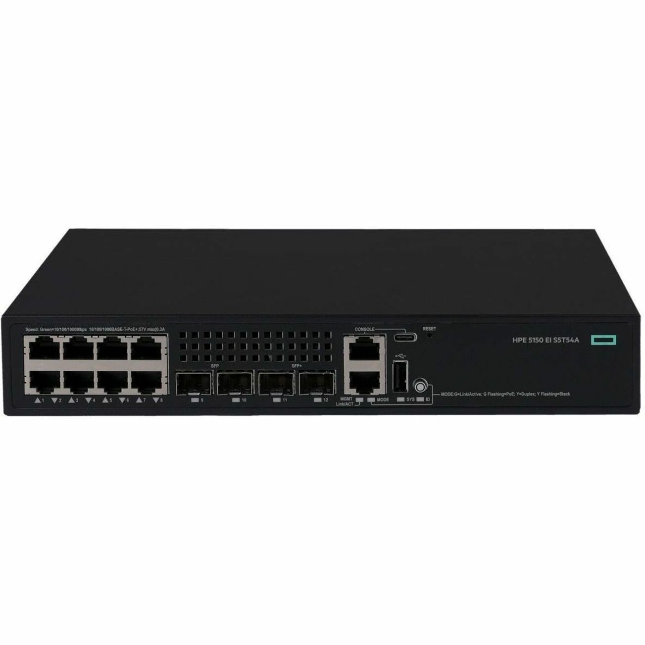 HPE Comware Switch 8p 10M/100M/1G PoE+ 2p SFP 1G 2p SFP+ 1G/10G 5150EI - 8 Ports - Manageable - Gigabit Ethernet, 10 Gigabit Ethernet - 10/100/1000Base-T, 1000Base-X, 10GBase-X - 3 Layer Supported - 2 SFP Slots - 152 W Power Consumption - Twisted Pair, Optical Fiber - PoE Ports - Lifetime Limited Warranty