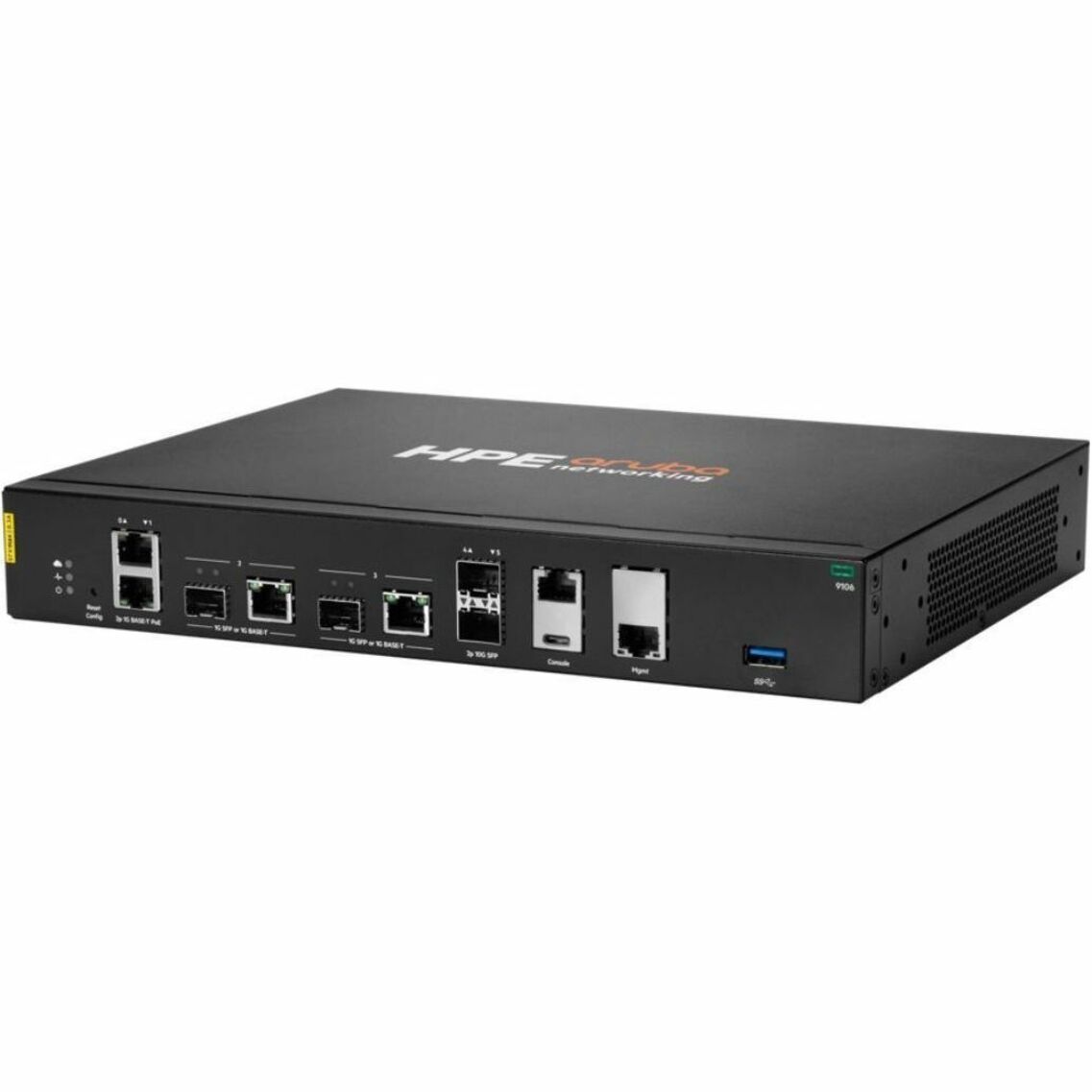 Aruba Networking 9106 (RW) 2x SFP+ 2x Combo 2x PoE TAA Hybrid Gateway - 4 Ports - 3 RJ-45 Port(s) - 1 WAN Port(s) - PoE Ports - Management Port - 4 SFP (mini-GBIC) Slots, SFP+ Slots - 10 Gigabit Ethernet - 1U - Rack-mountable - TAA Compliant