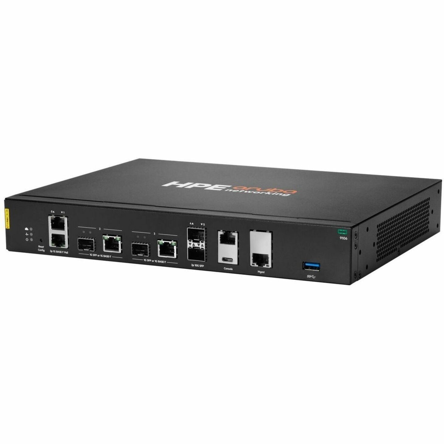 Aruba Networking 9106 (RW) 2x SFP+ 2x Combo 2x PoE TAA Hybrid Gateway - 4 Ports - 3 RJ-45 Port(s) - 1 WAN Port(s) - PoE Ports - Management Port - 4 SFP (mini-GBIC) Slots, SFP+ Slots - 10 Gigabit Ethernet - 1U - Rack-mountable - TAA Compliant