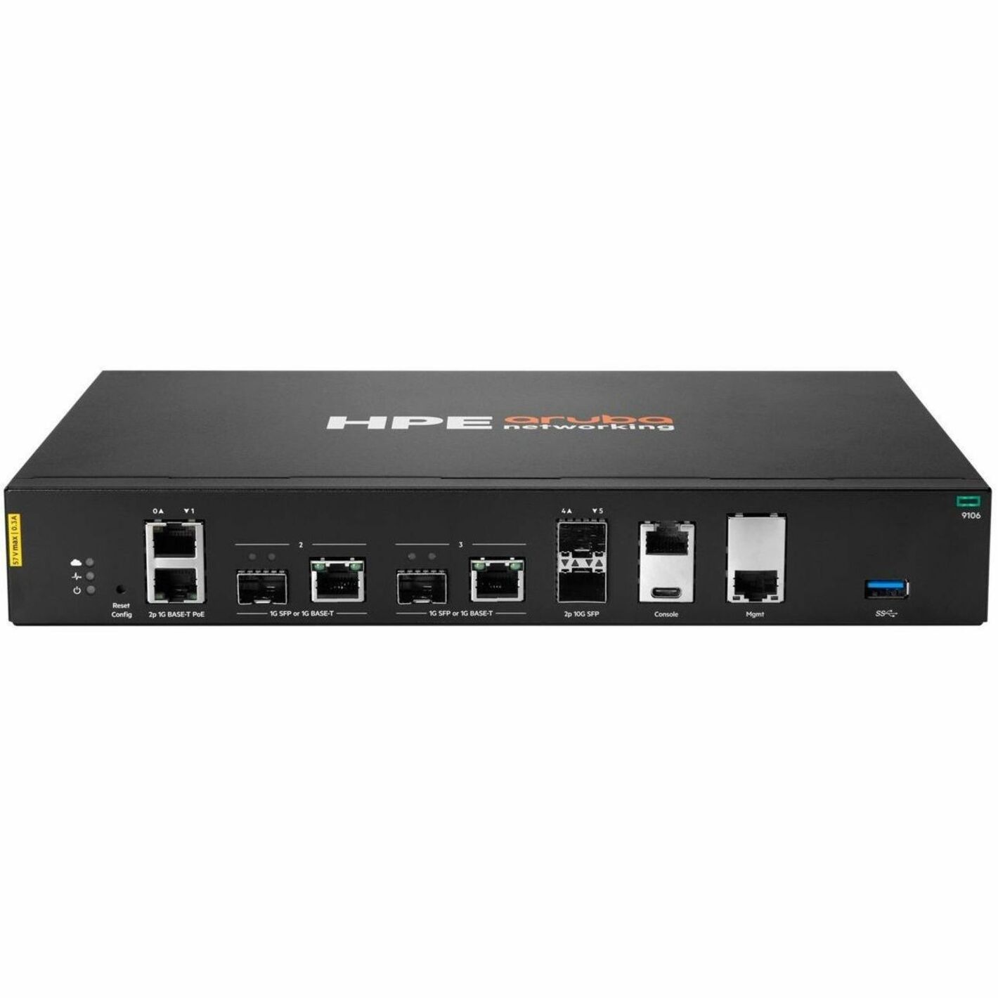 Aruba Networking 9106 (RW) 2x SFP+ 2x Combo 2x PoE TAA Hybrid Gateway - 4 Ports - 3 RJ-45 Port(s) - 1 WAN Port(s) - PoE Ports - Management Port - 4 SFP (mini-GBIC) Slots, SFP+ Slots - 10 Gigabit Ethernet - 1U - Rack-mountable - TAA Compliant