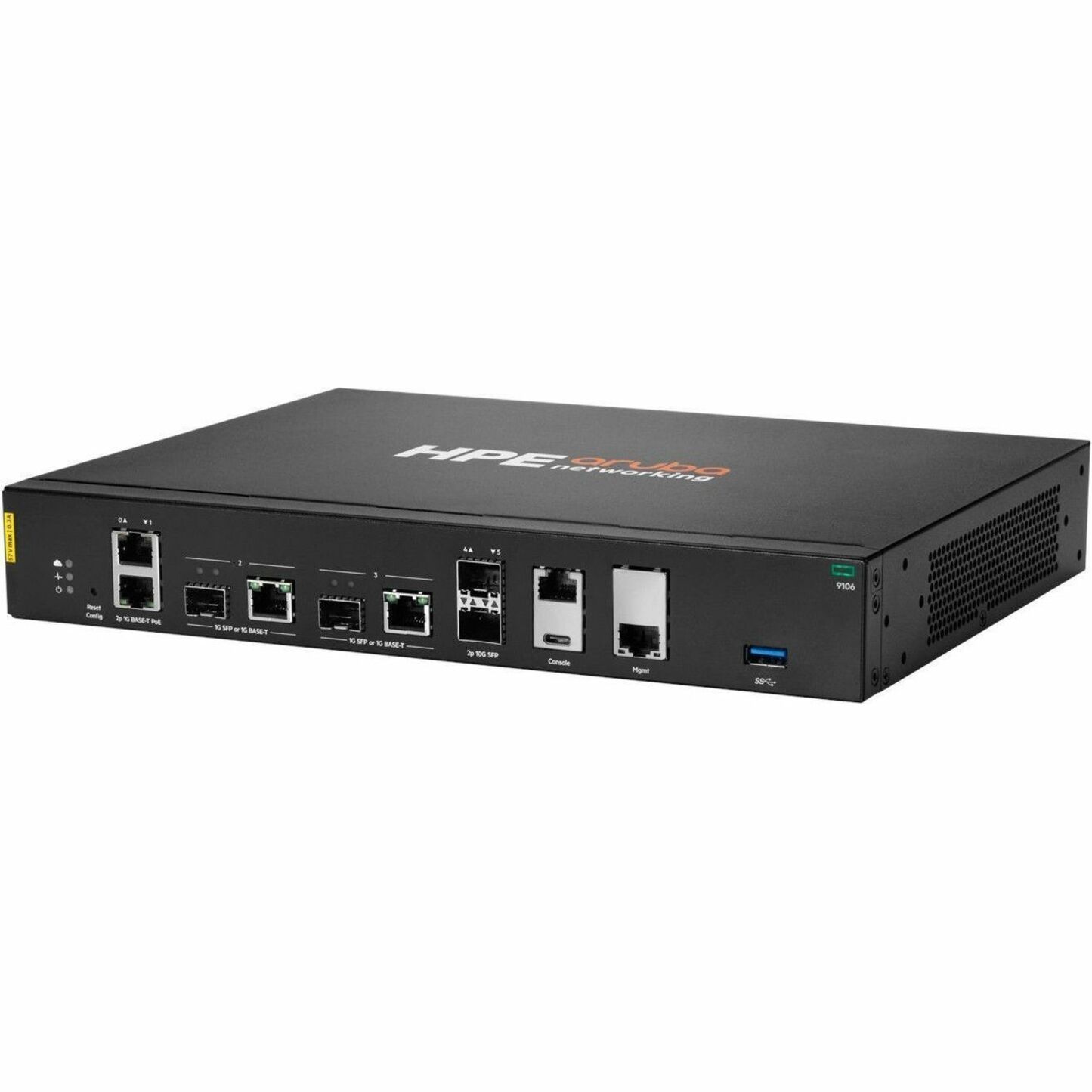 Aruba 9106 Router - 4 Ports - 3 RJ-45 Port(s) - 1 WAN Port(s) - PoE Ports - Management Port - 4 SFP (mini-GBIC) Slots, SFP+ Slots - 10 Gigabit Ethernet - Desktop - 1 Year