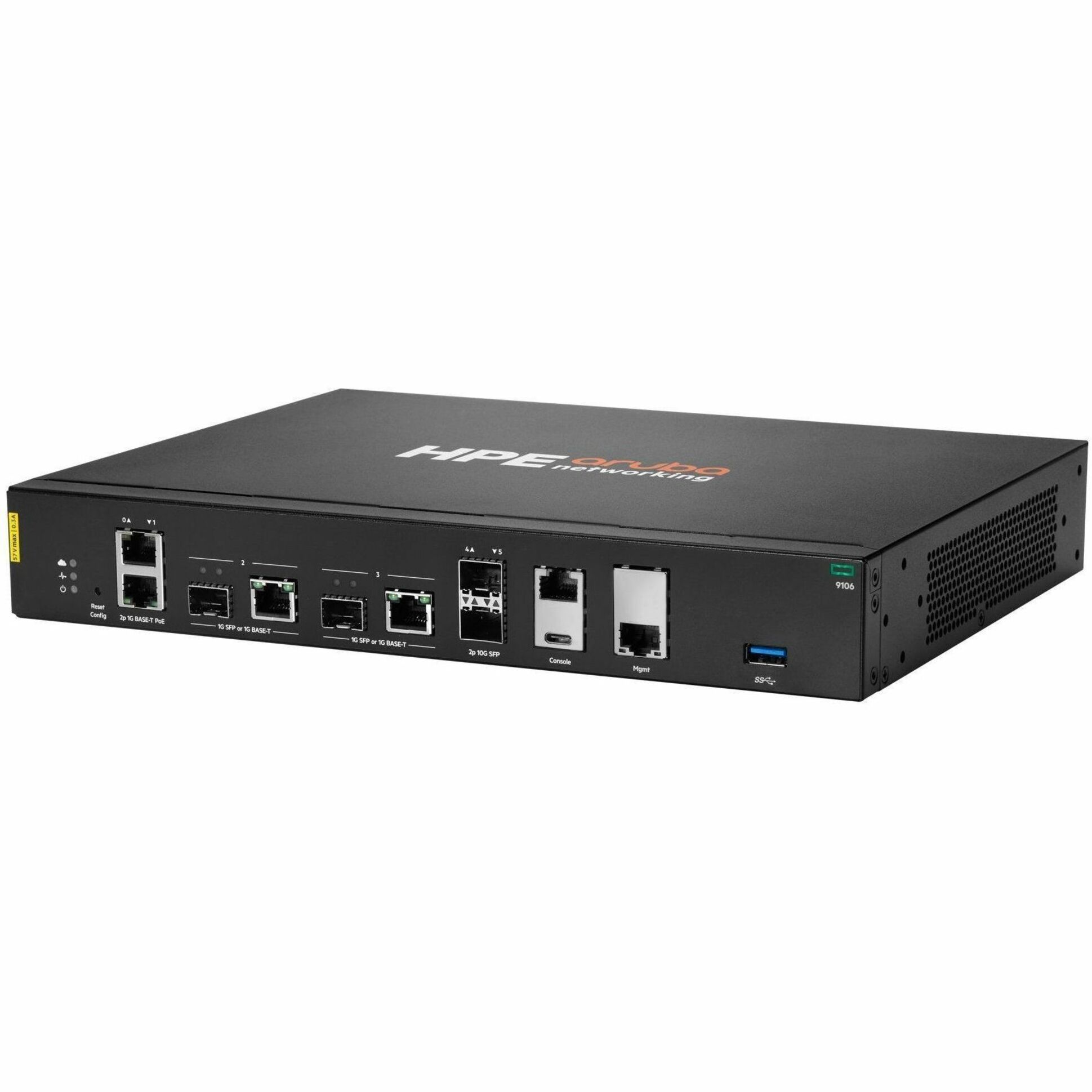 Aruba 9106 Router - 4 Ports - 3 RJ-45 Port(s) - 1 WAN Port(s) - PoE Ports - Management Port - 4 SFP (mini-GBIC) Slots, SFP+ Slots - 10 Gigabit Ethernet - Desktop