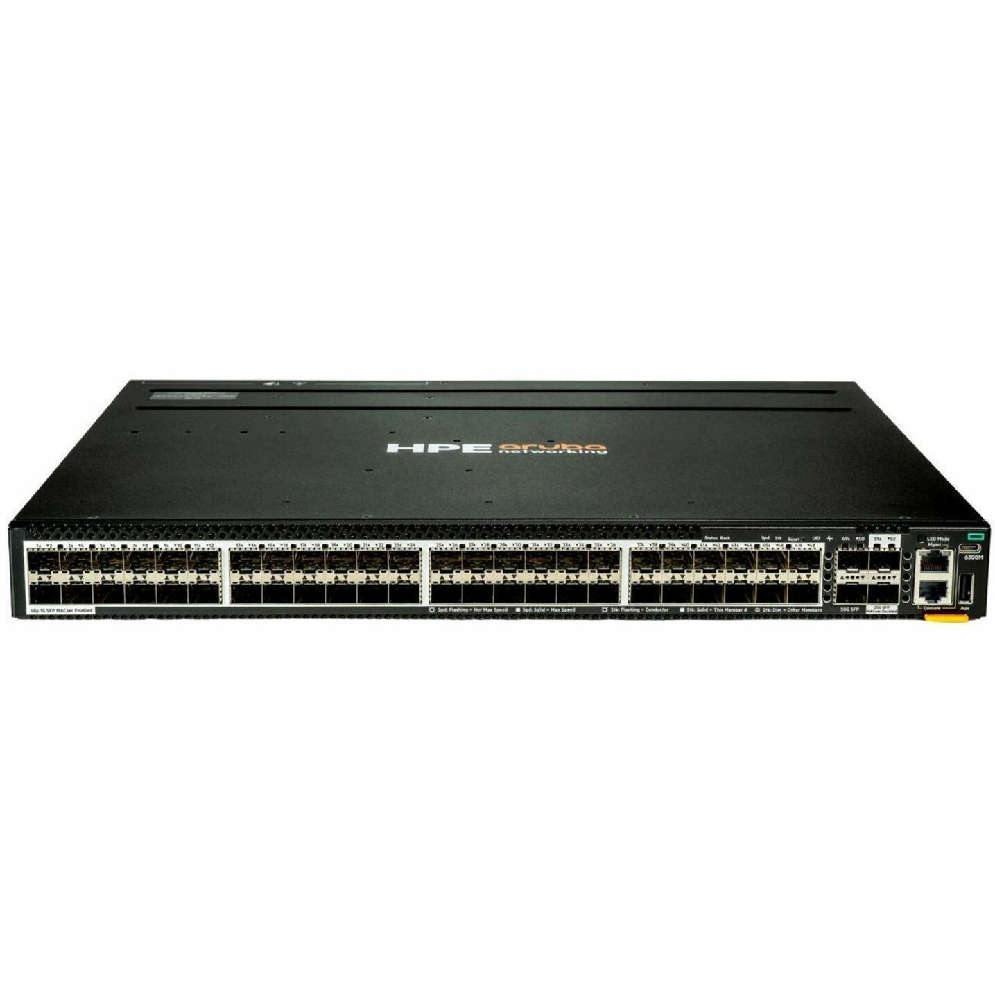 Aruba CX 6300M 48p SFP 1G 2p SFP56 50G 2p SFP28 25G MACsec TAA Switch - Gigabit Ethernet, 25 Gigabit Ethernet, 50 Gigabit Ethernet - 1000Base-X, 25GBase-X, 50GBase-X - 3 Layer Supported - 48 SFP Slots - 67 W Power Consumption - Optical Fiber - TAA Compliant