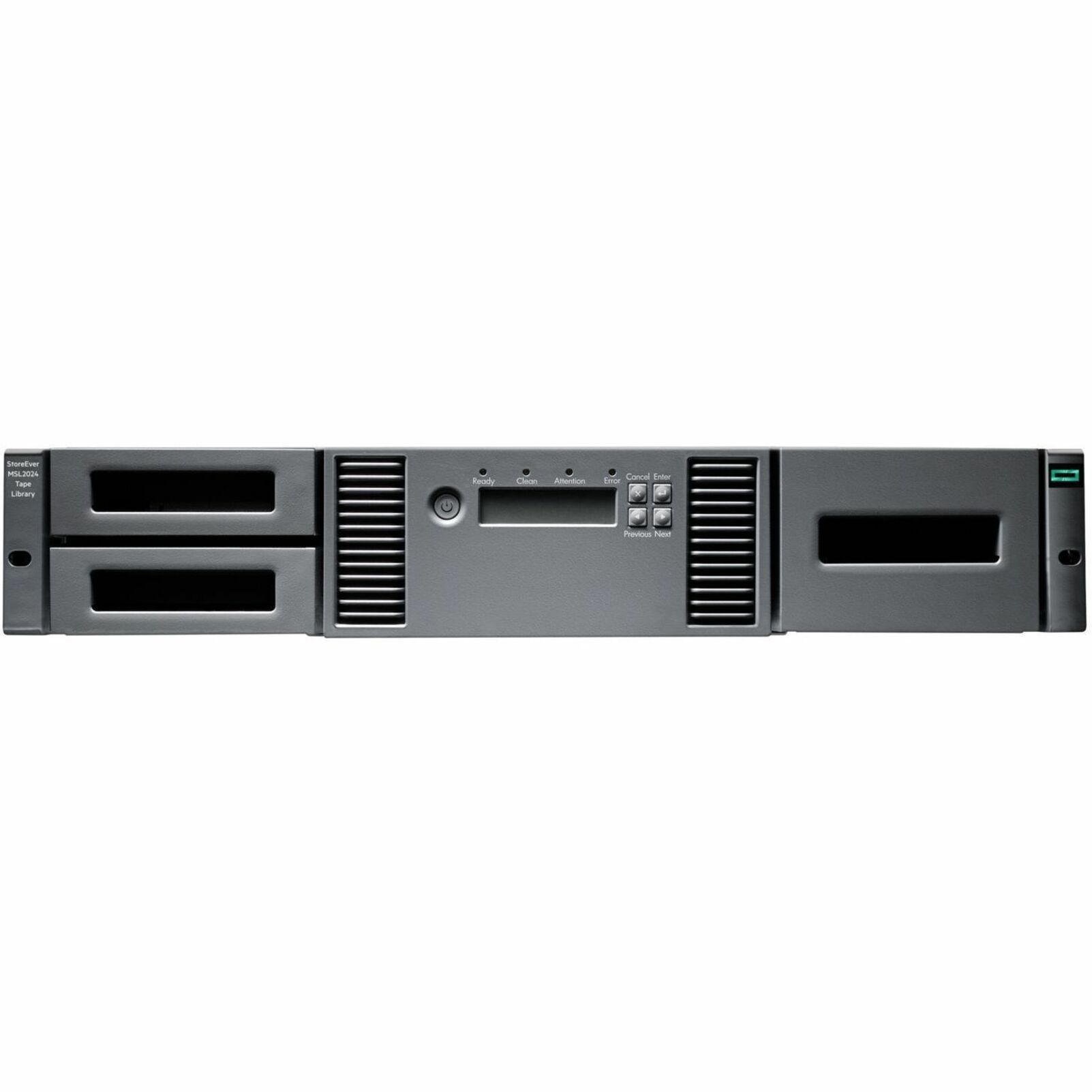 HPE Storage MSL2024 Tape Library - 1 x Drive/24 x Slot - 2 Drives Supported - LTO-9 - 45 TB (Compressed)300 MB/s (Compressed) - Fibre Channel - SAS - Encryption - Barcode Reader - 2URack-mountable