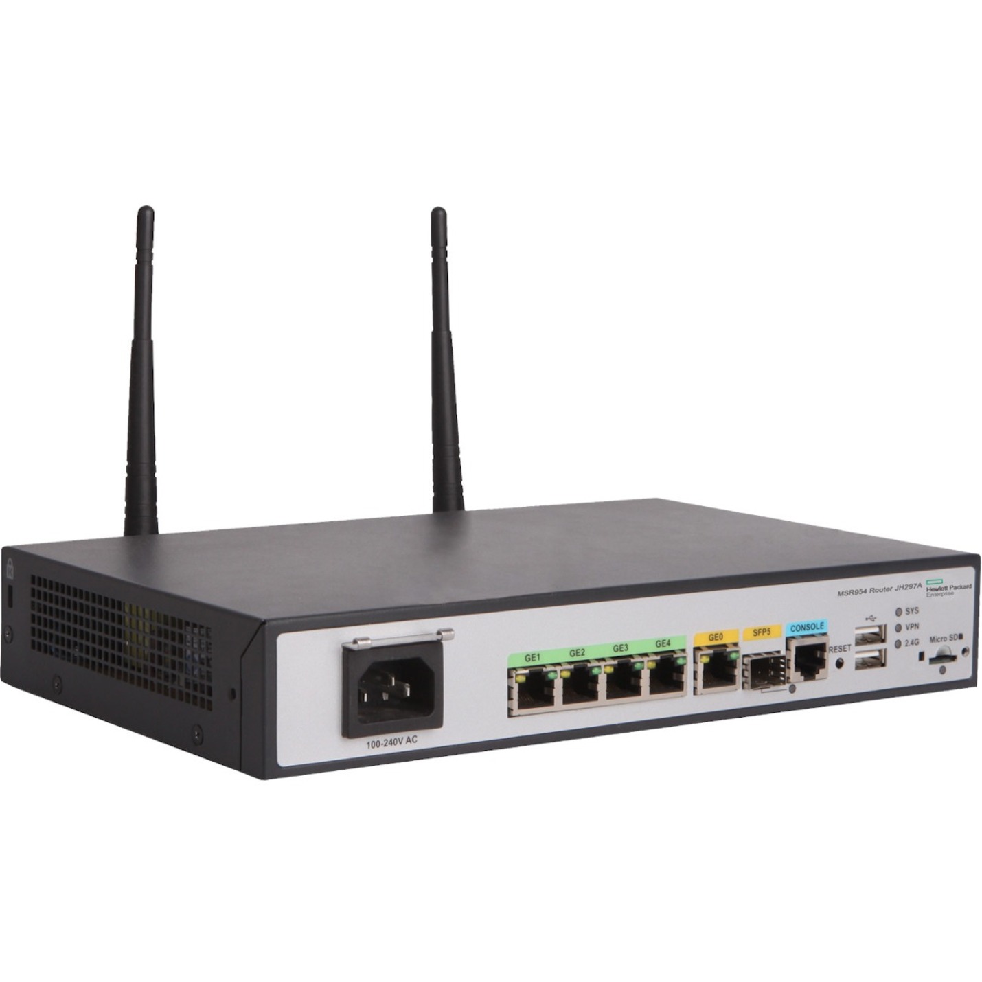 HPE MSR954-W Wi-Fi 4 IEEE 802.11n Ethernet Wireless Router - 2.40 GHz ISM Band - 2 x Antenna(2 x External) - 4 x Network Port - 1 x Broadband Port - USB - Gigabit Ethernet - VPN Supported - Desktop