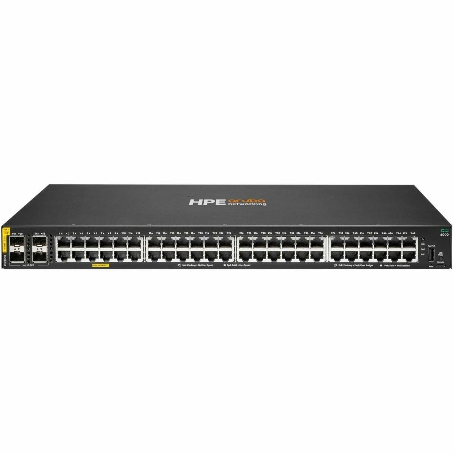 Aruba CX 6000 48p 10M/100M/1G Class4 PoE 4p SFP 1G 370W Switch - 48 Ports - Manageable - Gigabit Ethernet - 10/100/1000Base-T, 1000Base-X - 2 Layer Supported - 4 SFP Slots - 439 W Power Consumption - 370 W PoE Budget - Optical Fiber, Twisted Pair - PoE Ports - 1U - Compact, Rack-mountable - Lifetime Limited Warranty