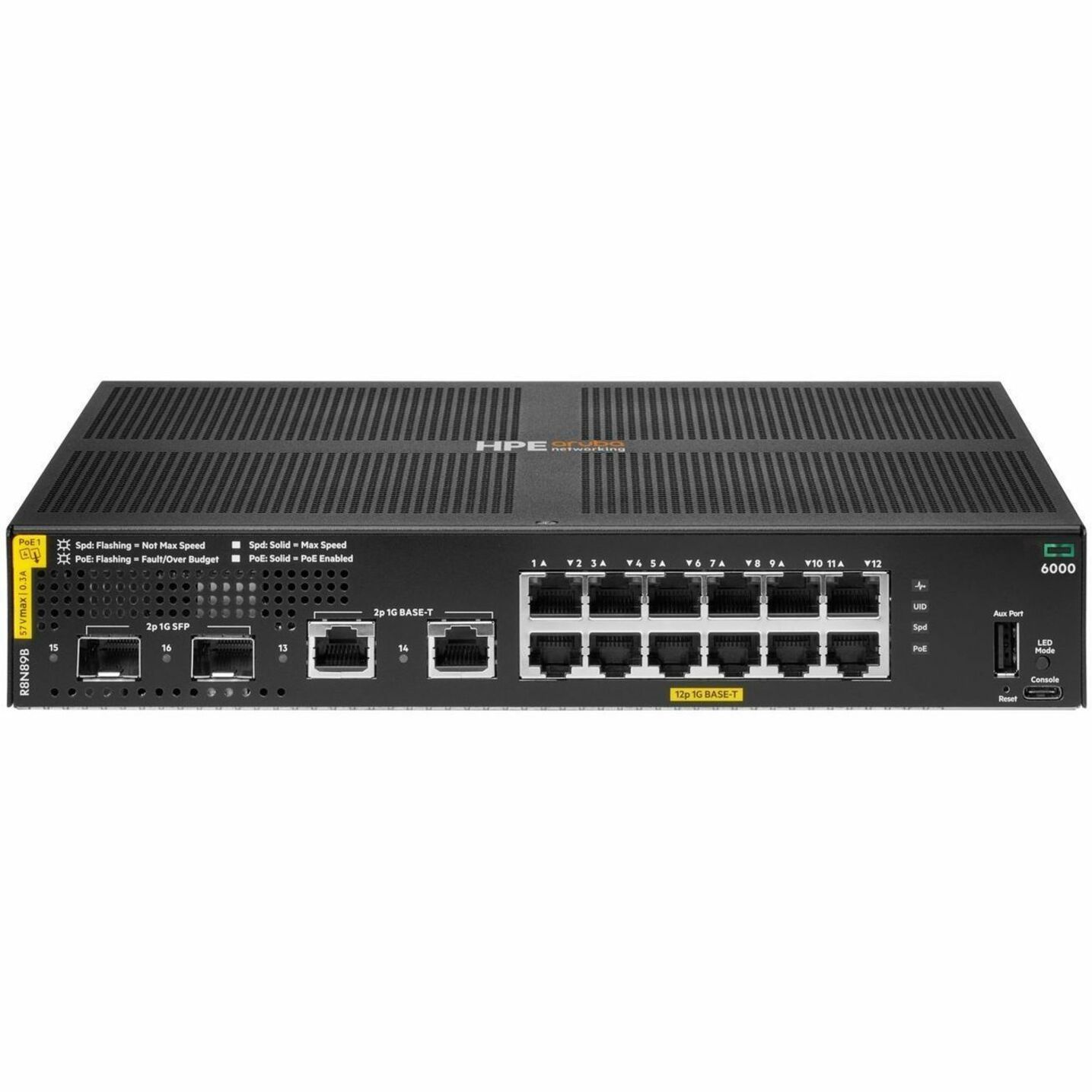 Aruba CX 6000 12p 10M/100M/1G Class4 PoE 2p SFP 1G 139W Switch - 14 Ports - Manageable - Gigabit Ethernet - 10/100/1000Base-T, 1000Base-X - 2 Layer Supported - 2 SFP Slots - 165 W Power Consumption - 139 W PoE Budget - Twisted Pair, Optical Fiber - PoE Ports - 1U - Rack-mountable, Compact - Lifetime Limited Warranty