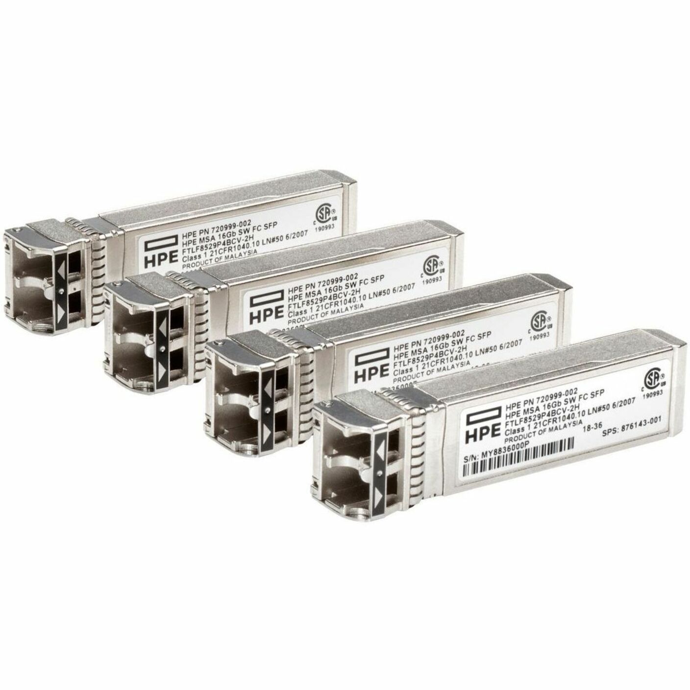HPE MSA 16Gb SFP+ Short Wave Fibre Channel 4-pack Transceiver Bundle - For Data Networking, Optical Network - 1 x 16GBase-SW Netwotk - Optical Fiber16 Gigabit Ethernet - 16GBase-SW, Fiber Channel - 16 Gbit/s - 4 Pack