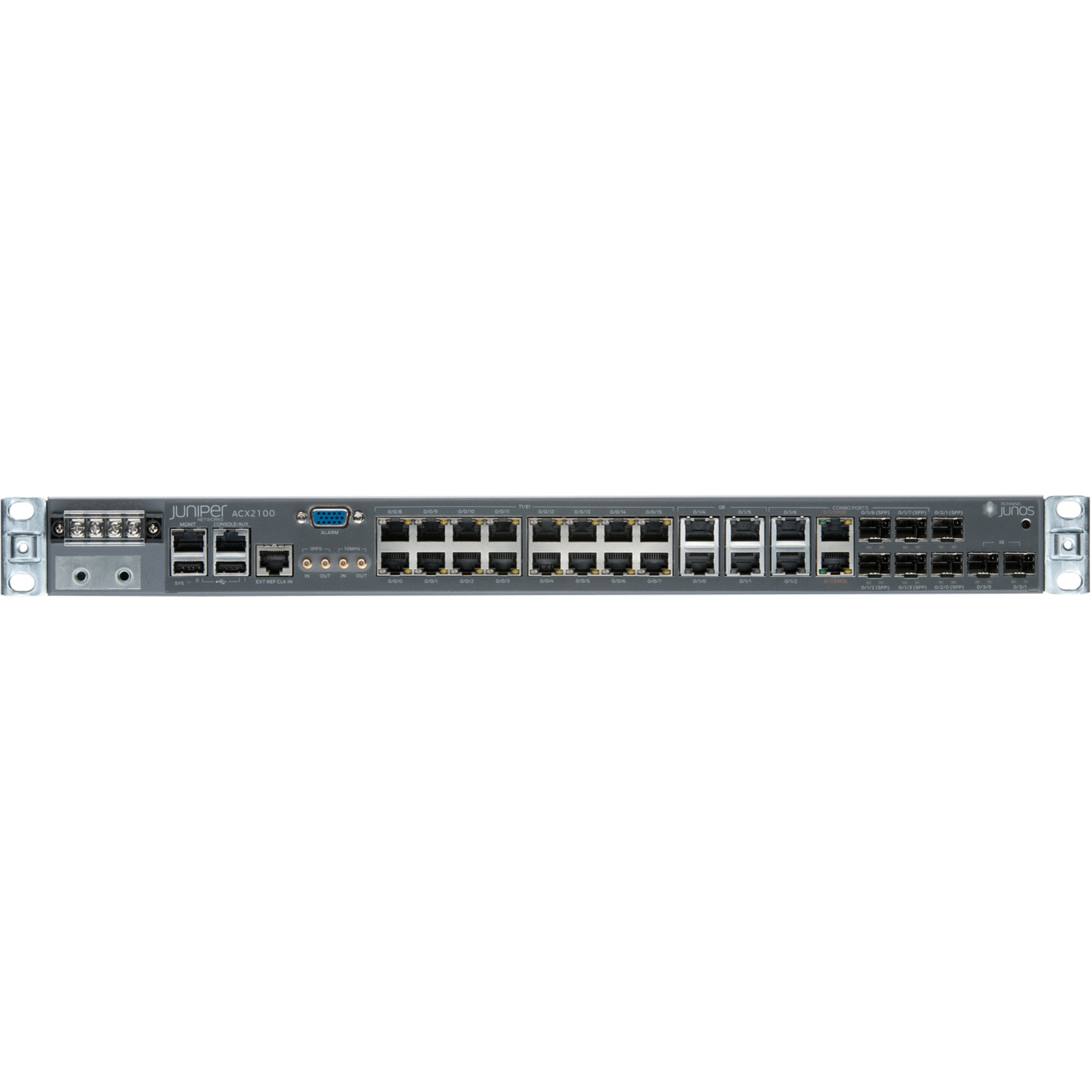 Juniper ACX2100-DC Router - T-carrier/E-carrier - 24 Ports - 8 RJ-45 Port(s) - Management Port - 8 - Gigabit Ethernet - 1U - Rack-mountable - 1 Year