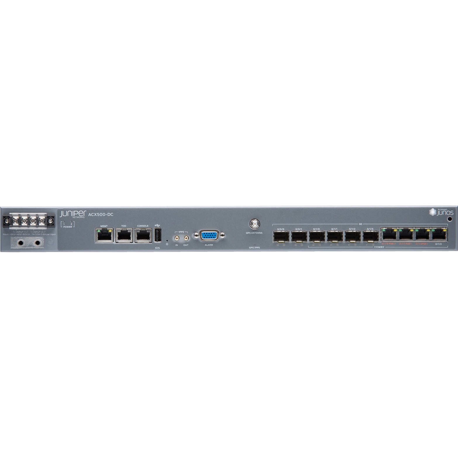 Juniper ACX500 Router - 4 Ports - PoE Ports - Management Port - 6 - Gigabit Ethernet - 1U - Rack-mountable - 1 Year - front v
