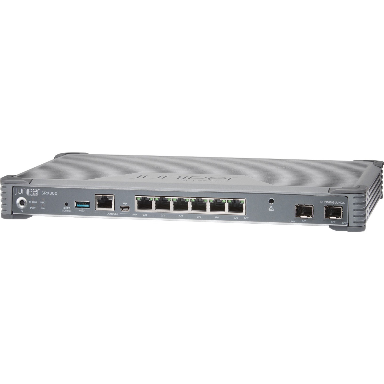 Juniper SRX300 Network Security/Firewall Appliance - Intrusion Prevention - 6 Port - 10/100/1000Base-T, 1000Base-X - Gigabit Ethernet - 1.90 Gbit/s Firewall Throughput - MD5, SHA-1, SHA-128, SHA-256, SHA-384 - 6 x RJ-45 - 2 Total Expansion Slots - Desktop, Rack-mountable, Wall Mountable