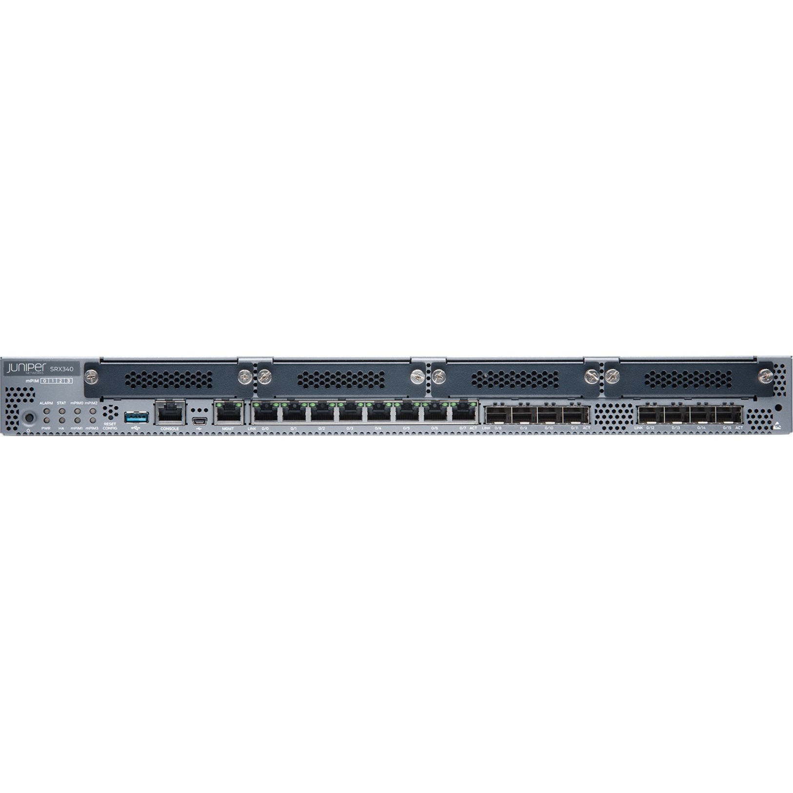 Juniper SRX340 Router - 8 Ports - Management Port - 12 - Gigabit Ethernet - 1U - Rack-mountable - 1 Year - front view