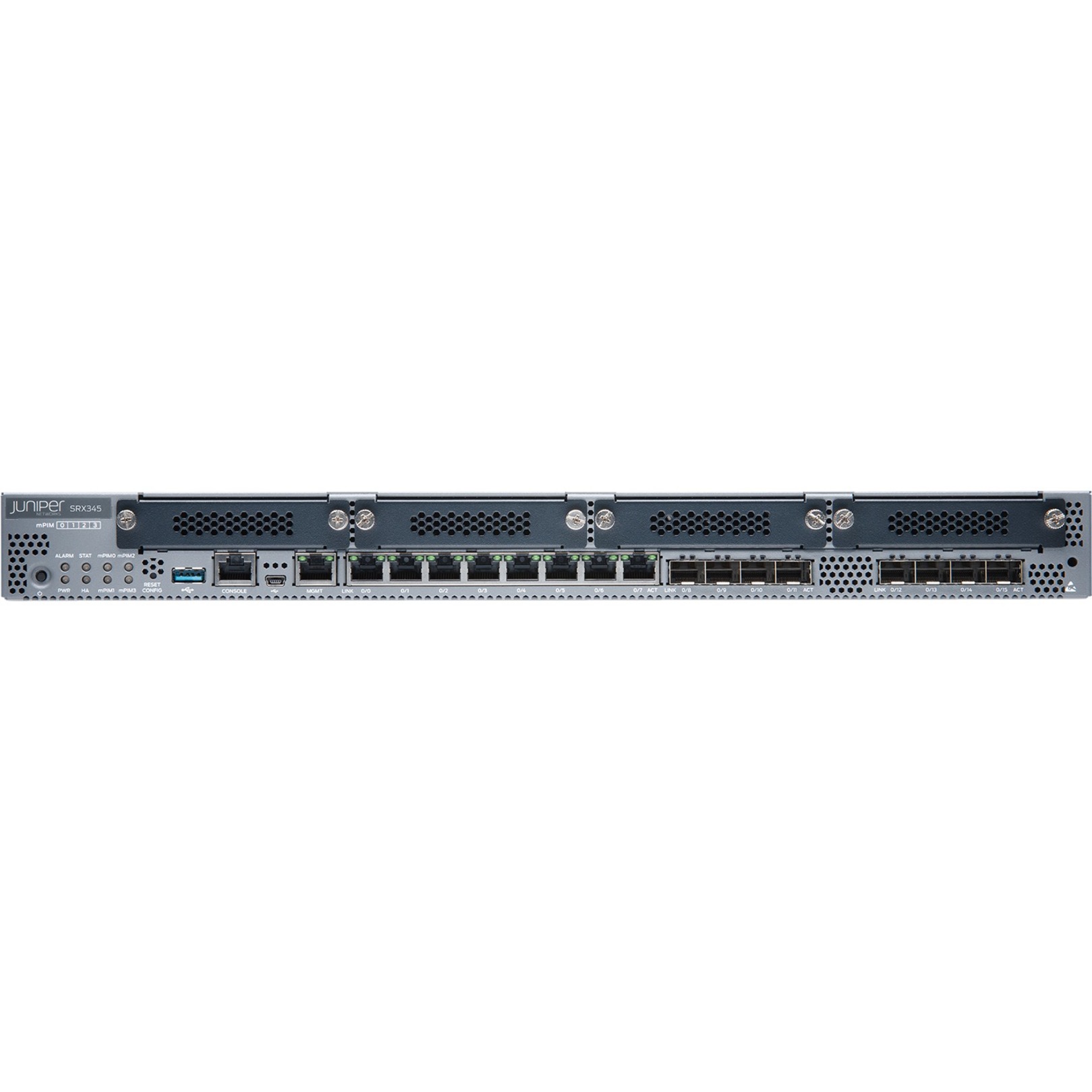 Juniper SRX345 Router - 8 Ports - Management Port - 12 - Gigabit Ethernet - 1U - Rack-mountable - 1 Year - front view