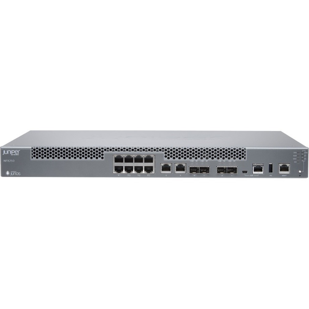 Juniper NFX250 Network Services Platform - 10 RJ-45 - 10 Gbit/s - 10 Gigabit Ethernet - 4 x Expansion Slots - SFP, SFP+ - 2 x SFP Slots - 2 x SFP+ Slots - Manageable - 16 GB Standard Memory - 1U High - Rack-mountable