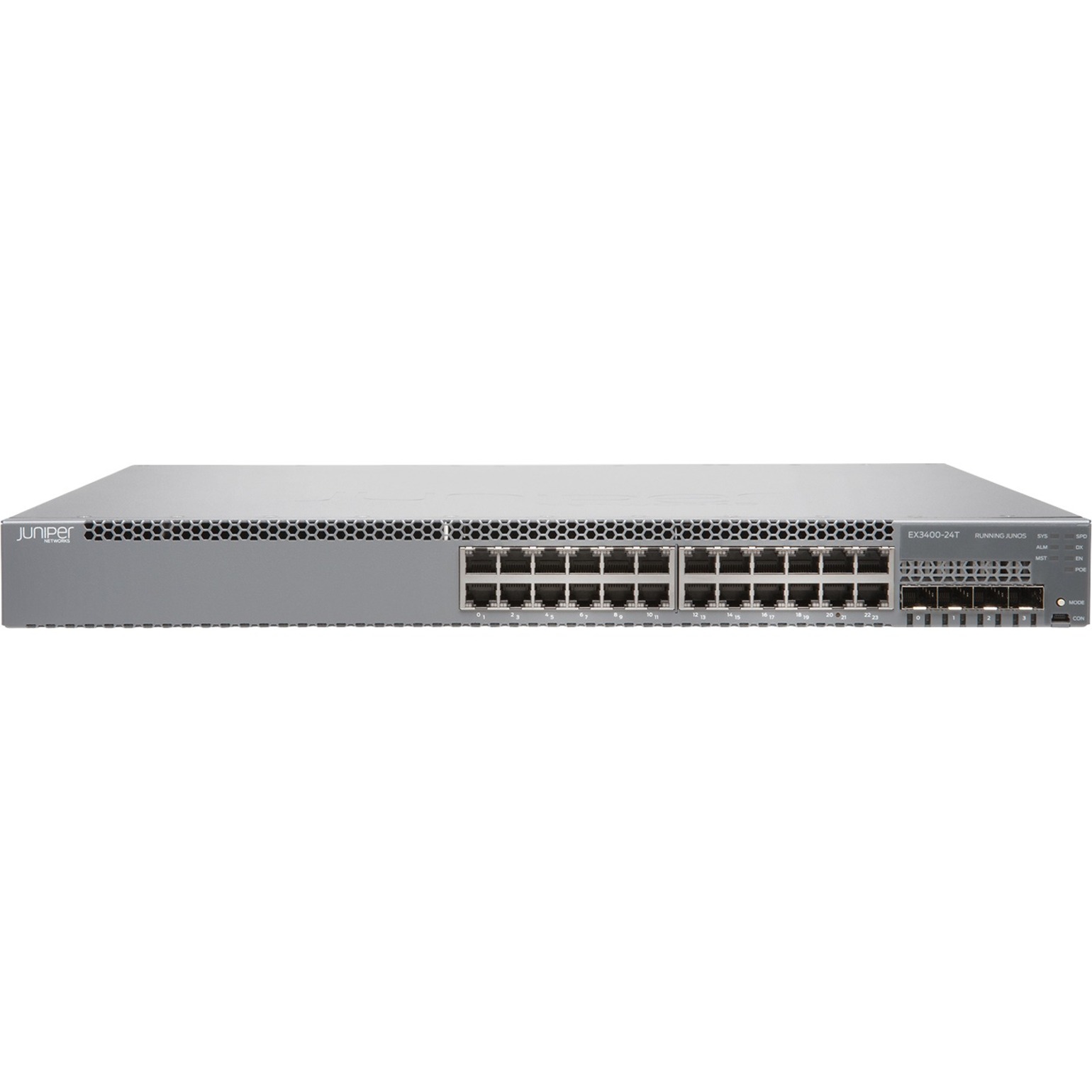 Juniper EX3400-24T Ethernet Switch - 24 Ports - Manageable - Gigabit Ethernet, 40 Gigabit Ethernet, 10 Gigabit Ethernet - 1000Base-T, 10GBase-X, 40GBase-X - 3 Layer Supported - Modular - 100 W Power Consumption - Twisted Pair, Optical Fiber - 1U - Rack-mountable, Wall Mountable