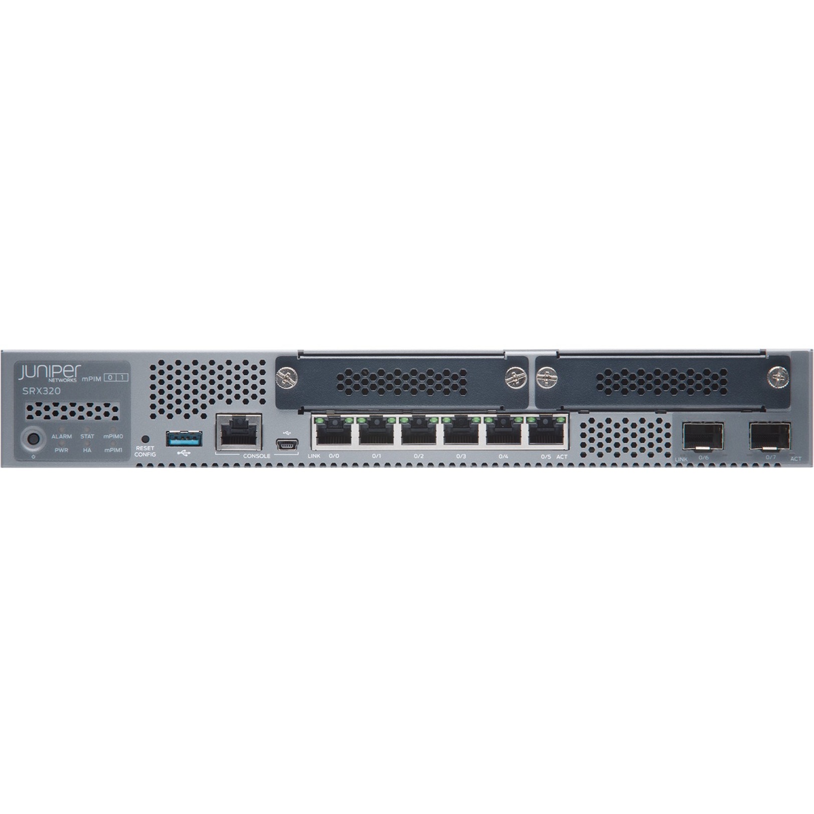 Juniper SRX320 Router - 6 Ports - PoE Ports - Management Port - 2 - Gigabit Ethernet - Desktop - 1 Year - front view