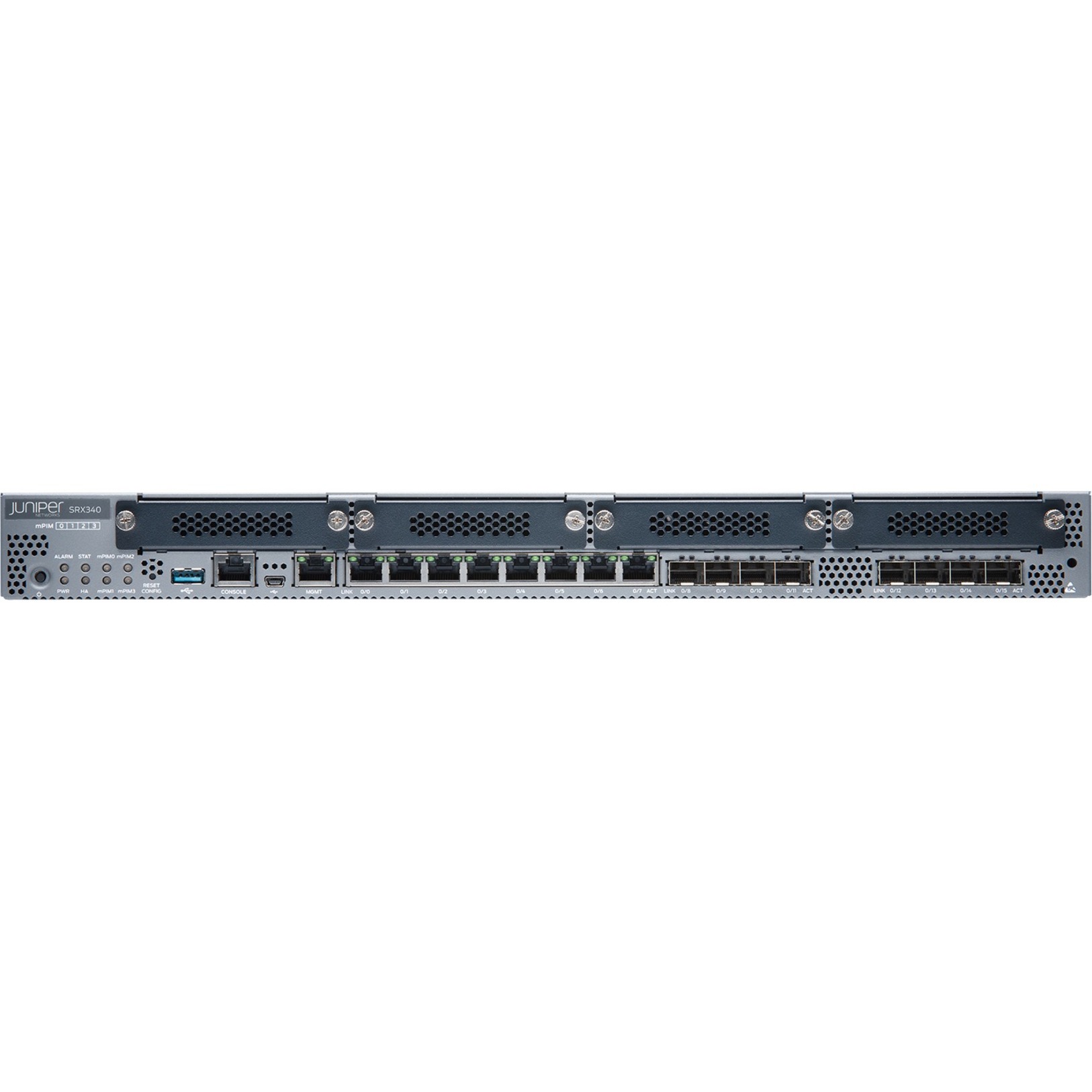 Juniper SRX340 Router - 8 Ports - Management Port - 12 - Gigabit Ethernet - 1U - Rack-mountable - 1 Year - front view