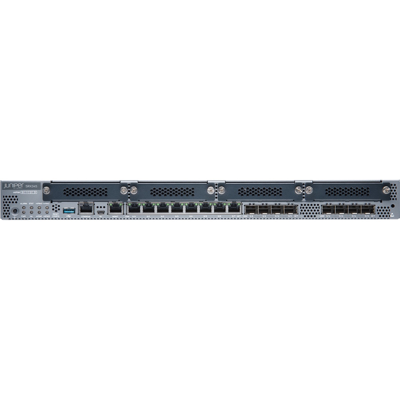 Juniper SRX345 Router - 8 Ports - Management Port - 12 - Gigabit Ethernet - 1U - Rack-mountable - 1 Year - front view