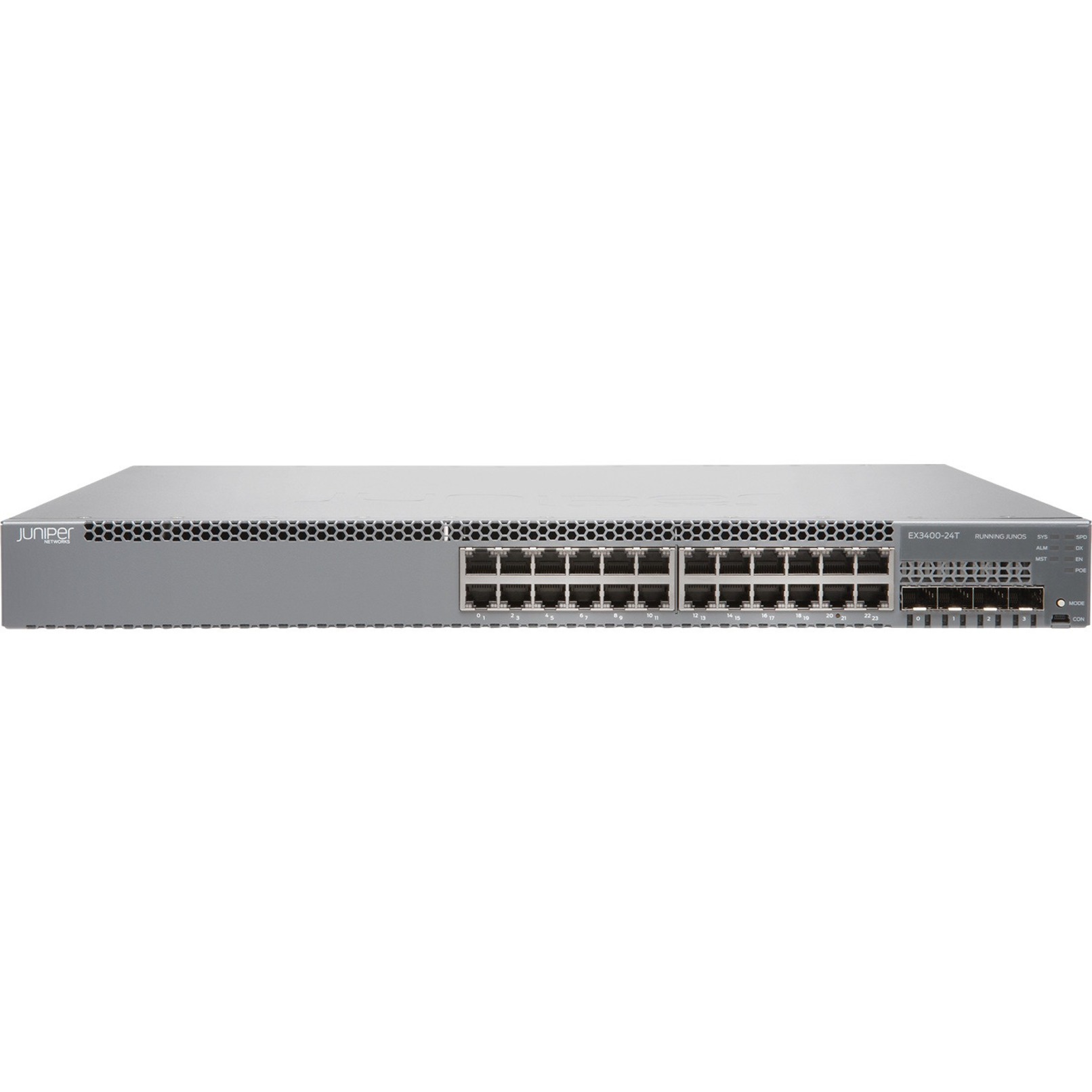Juniper EX3400-24T-TAA Ethernet Switch - 24 Ports - Manageable - Gigabit Ethernet, 40 Gigabit Ethernet, 10 Gigabit Ethernet - 40GBase-X, 10GBase-X, 1000Base-X, 1000Base-T - 3 Layer Supported - Modular - Twisted Pair, Optical Fiber - Rack-mountable, Wall Mountable - Lifetime Limited Warranty - TAA Compliant