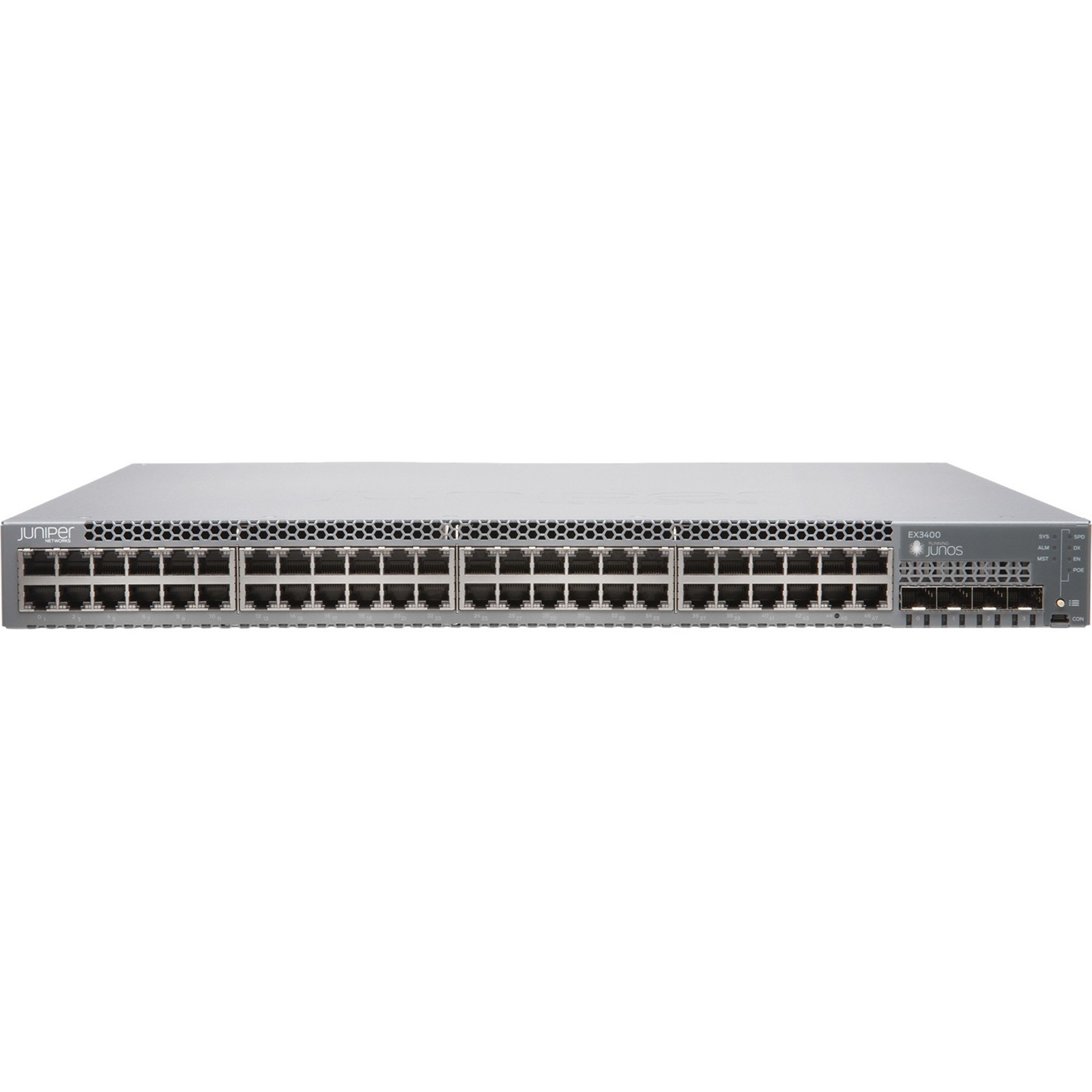 Juniper EX3400-48T-AFI Layer 3 Switch - 48 Ports - Manageable - Gigabit Ethernet, 10 Gigabit Ethernet, 40 Gigabit Ethernet - 40GBase-X, 10GBase-X, 1000Base-T - 3 Layer Supported - Modular - Twisted Pair, Optical Fiber - 1U - Rack-mountable, Wall Mountable - Lifetime Limited Warranty - TAA Compliant
