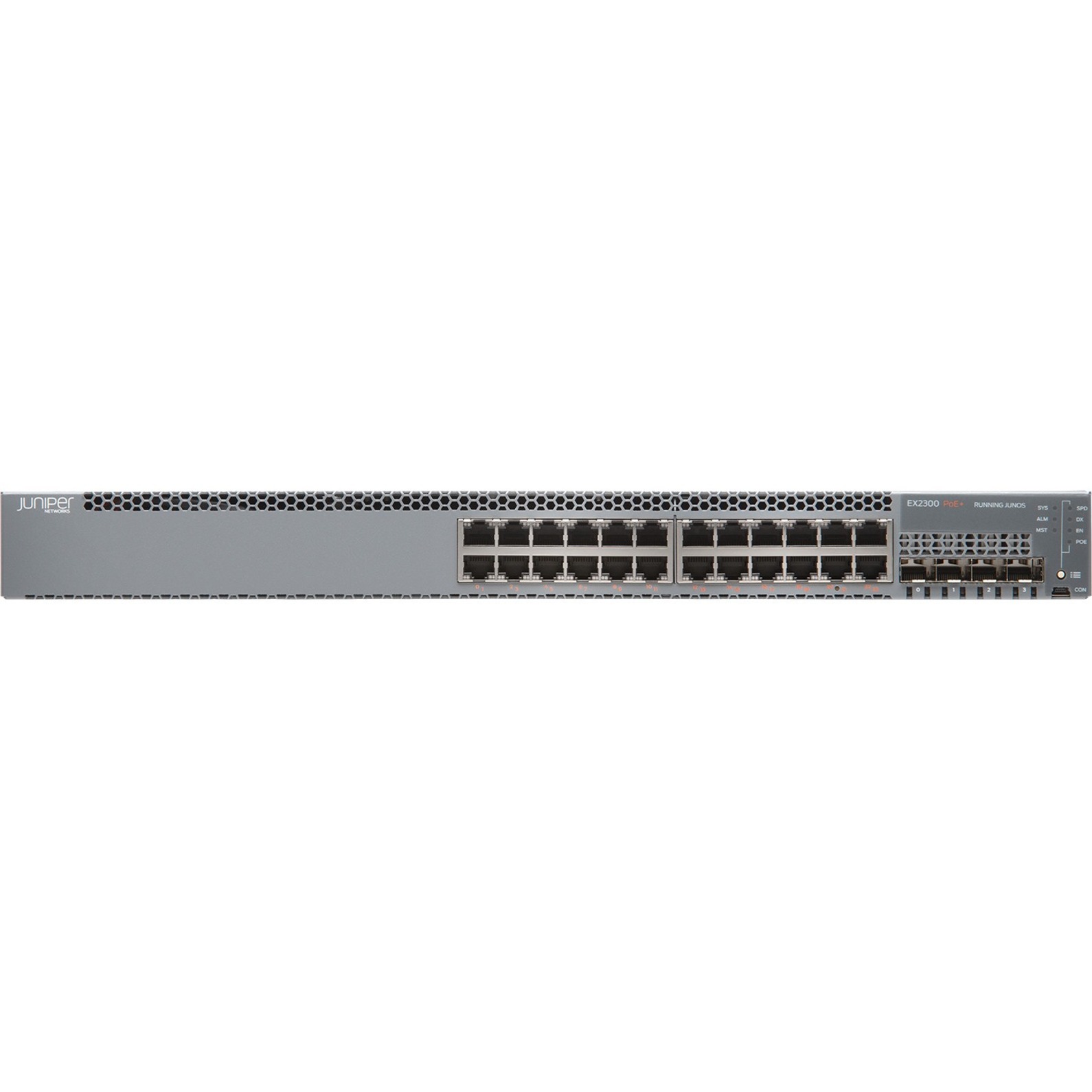 Juniper EX2300 Ethernet Switch - 24 Ports - Manageable - Gigabit Ethernet, 10 Gigabit Ethernet - 10/100/1000Base-T, 10GBase-X - 4 Layer Supported - Modular - Twisted Pair, Optical Fiber - 1U - Rack-mountable, Wall Mountable - Lifetime Limited Warranty - TAA Compliant