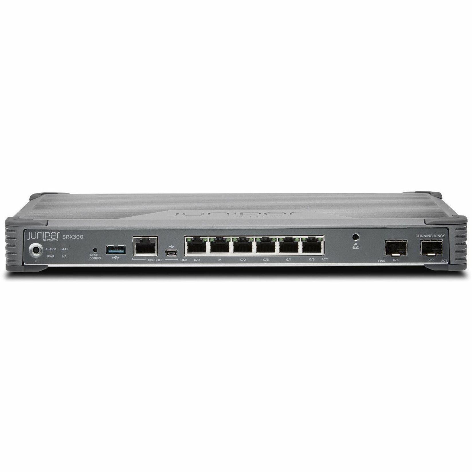 Juniper SRX300 Router - 8 Ports - 6 RJ-45 Port(s) - Management Port - 2 SFP Slots - 4 GB - Gigabit Ethernet - Desktop - 1 Year