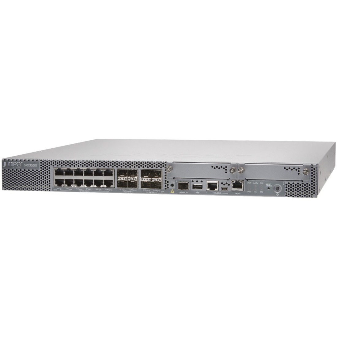 Juniper SRX1500 Network Security/Firewall Appliance - 12 Port - 10GBase-X, 10/100/1000Base-T - 10 Gigabit Ethernet - SSL, DES-CBC, 3DES, AEC-CBC, AES-GCM, MD5, SHA-1, SHA-256, SHA-384, SHA-128 - 2000 VPN - 12 x RJ-45 - 5 Total Expansion Slots - 1U - Rack-mountable