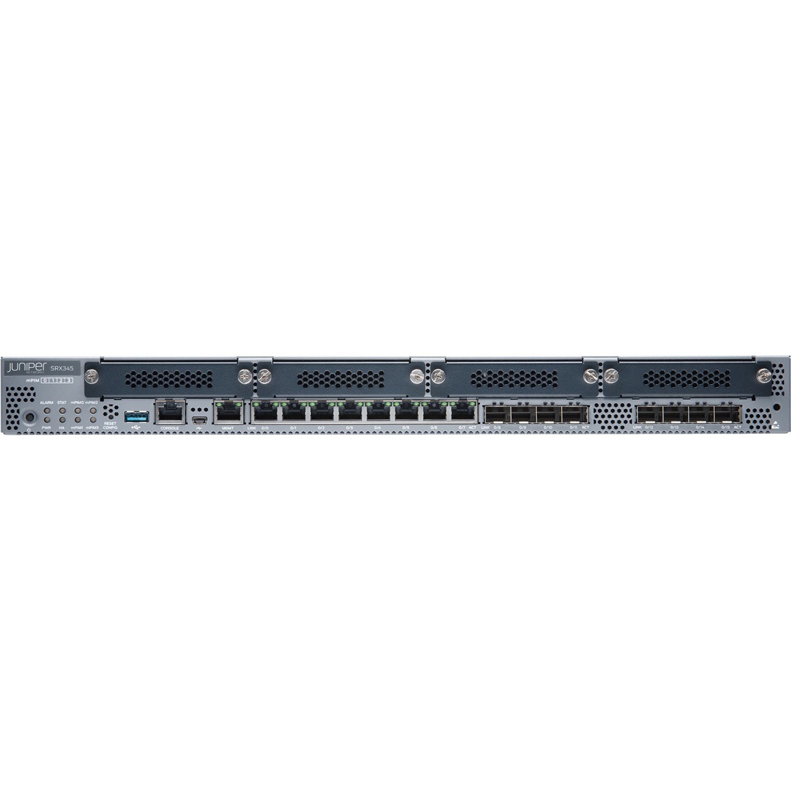 Juniper SRX345 Router - 8 Ports - Management Port - 12 - Gigabit Ethernet - 1U - Rack-mountable - 1 Year - front view