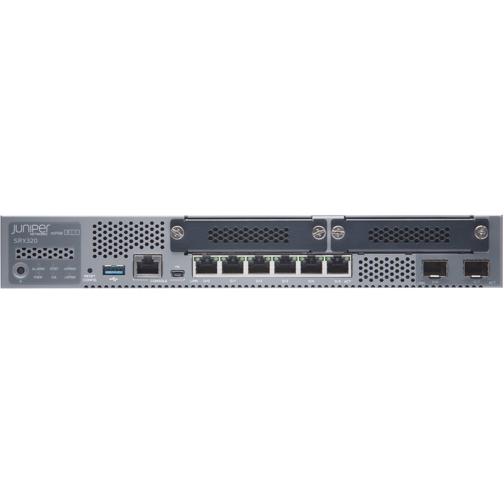 Juniper SRX320 Router - 6 Ports - Management Port - 4 - Gigabit Ethernet - Desktop, Rack-mountable, Wall Mountable - front vi