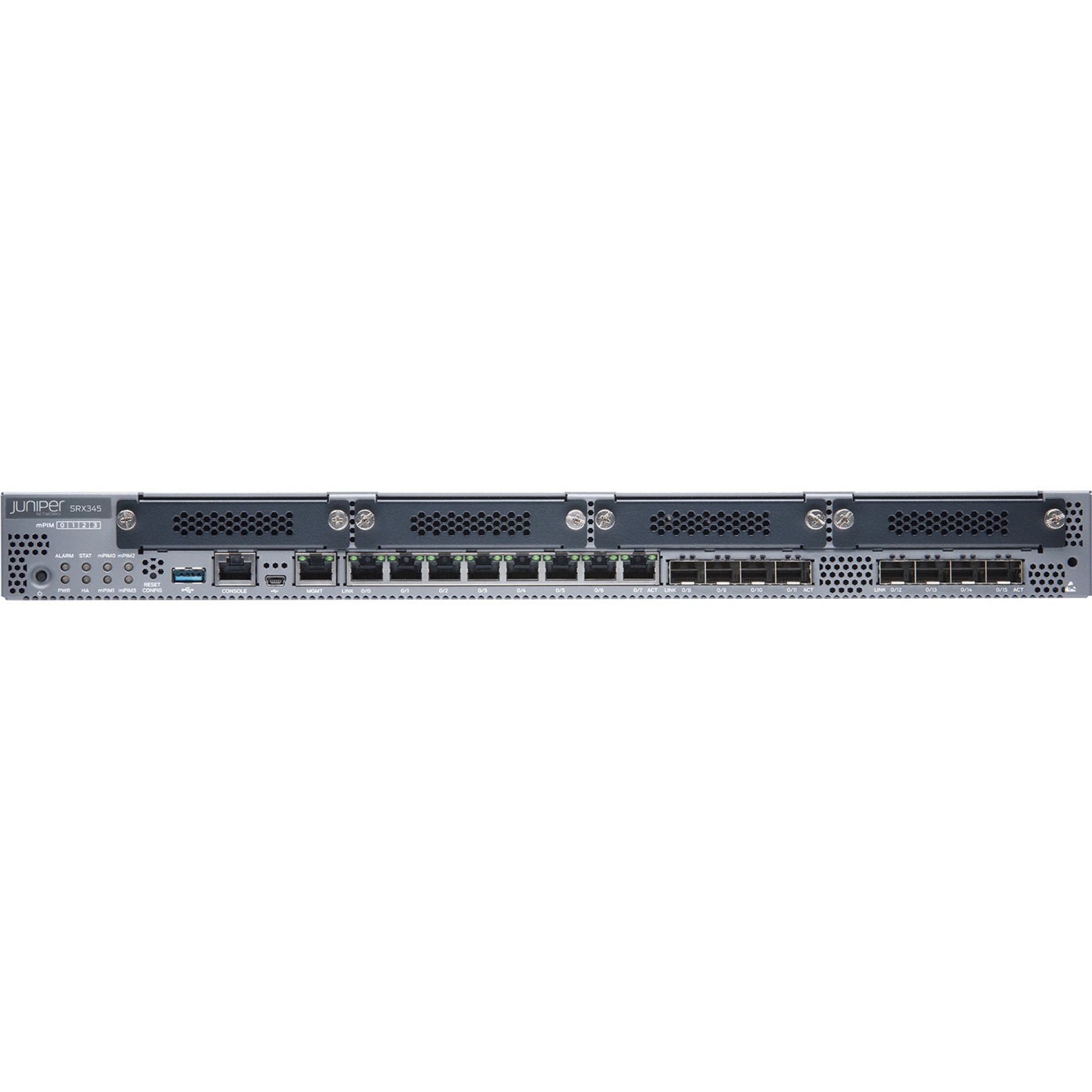 Juniper SRX345 Router - 8 Ports - Management Port - 12 - Gigabit Ethernet - 1U - Rack-mountable - 1 Year - front view